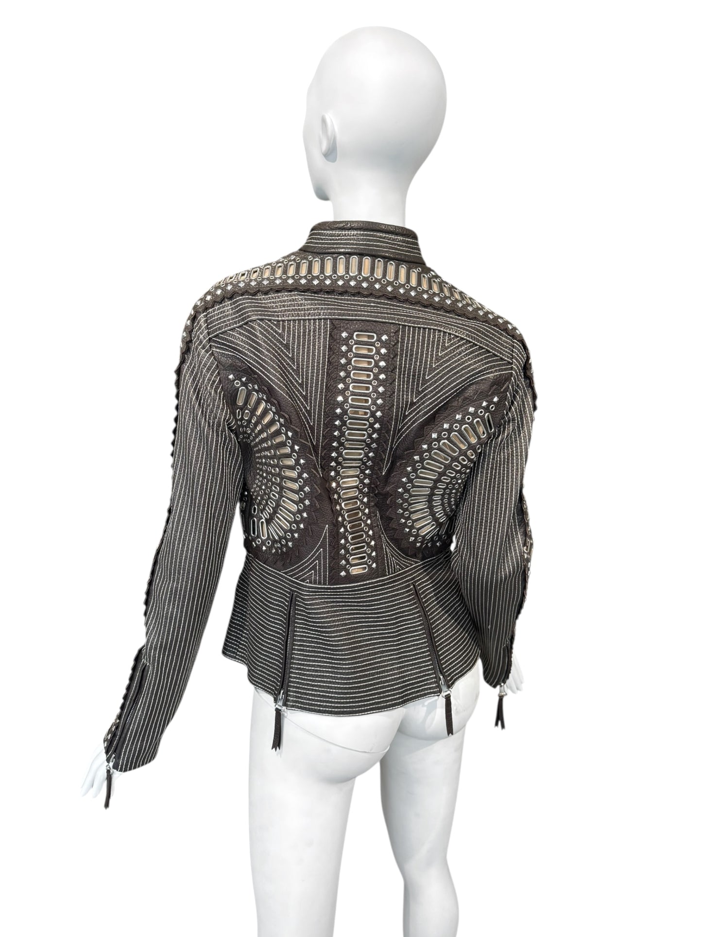GIANFRANCO FERRE SS2004 DARK BROWN LEATHER GROMMET & STUD EMBELLISHED JACKET