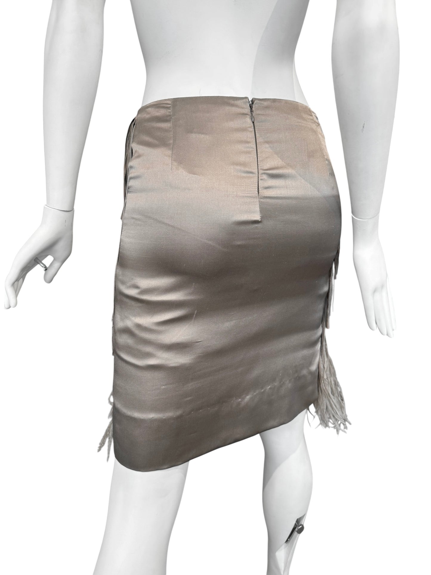 ALESSANDRO DELL’ACQUA SS2009 GREY SILK, OSTRICH FEATHERS & PEARLS FRINGES MIDI SKIRT