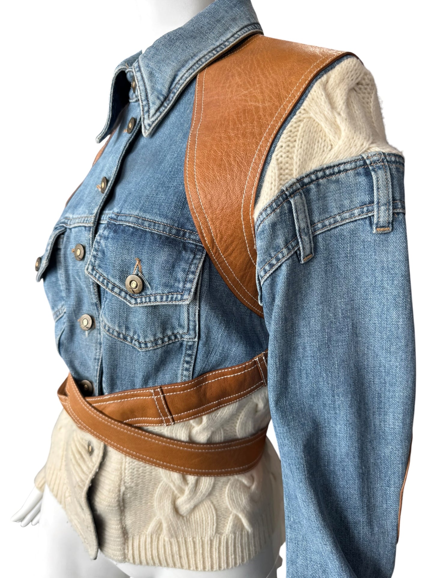 ALEXANDER MCQUEEN SS2004 ‘DELIVERANCE’ BLUE DENIM, BROWN LEATHER & CREAM KNIT PATCHWORK JACKET