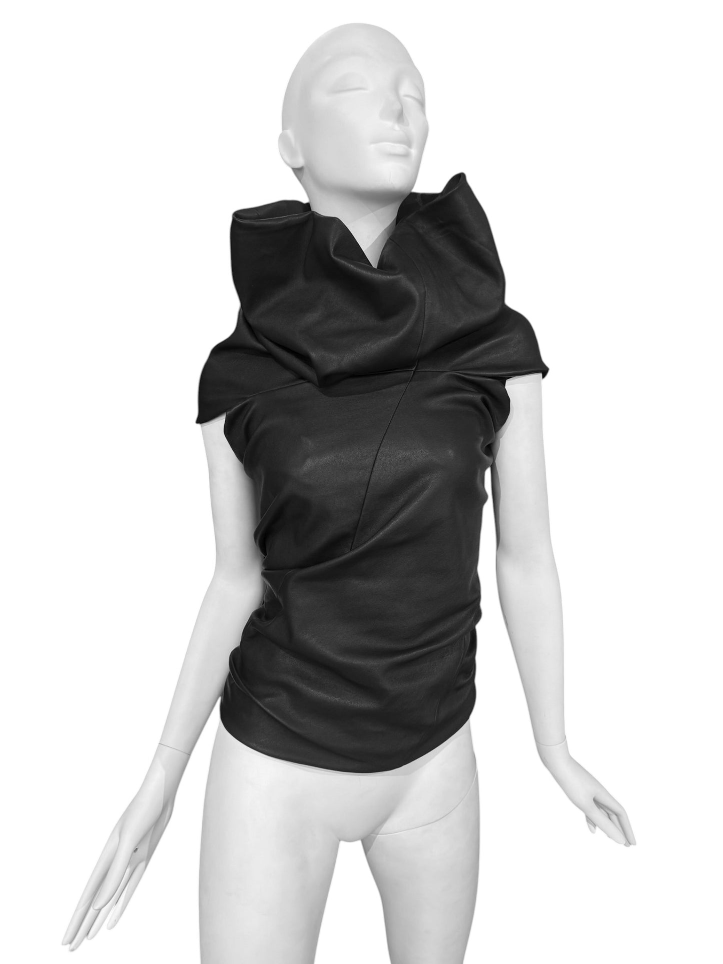 RICK OWENS SS2024 «LIDO» BLACK LEATHER DRAPED TANK TOP