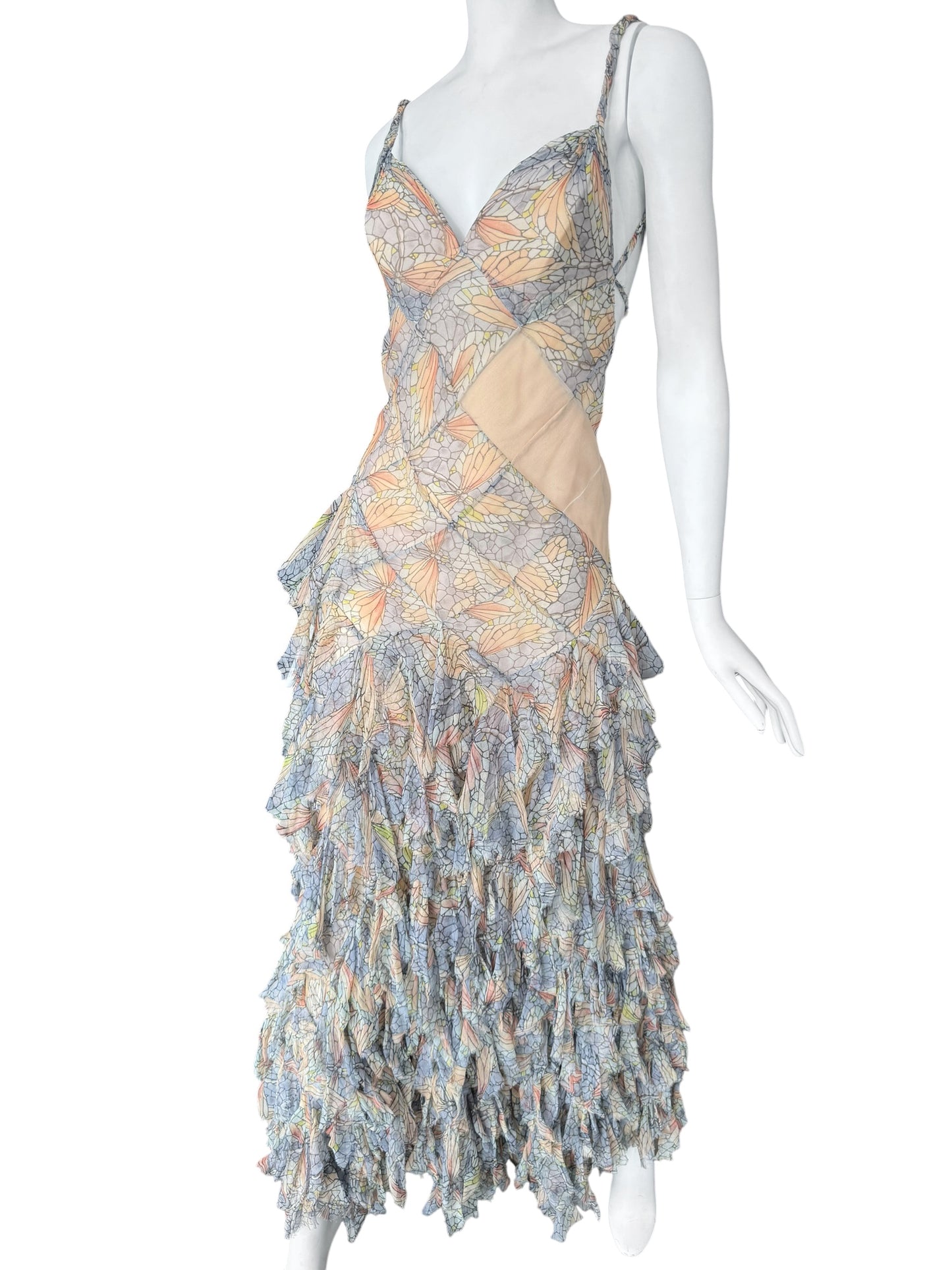 ALEXANDER MCQUEEN SS2004 ‘DELIVERANCE’ SILK STAINED GLASS BUTTERFLY PRINT RUFFLES MAXI DRESS