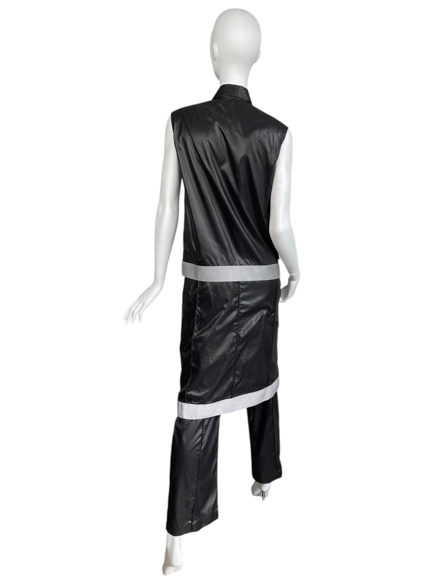 CHANEL SS1999 BY KARL LAGERFELD BLACK NYLON REFLECTIVE HEM 3P. SET (TOP + PANTS + SKIRT)