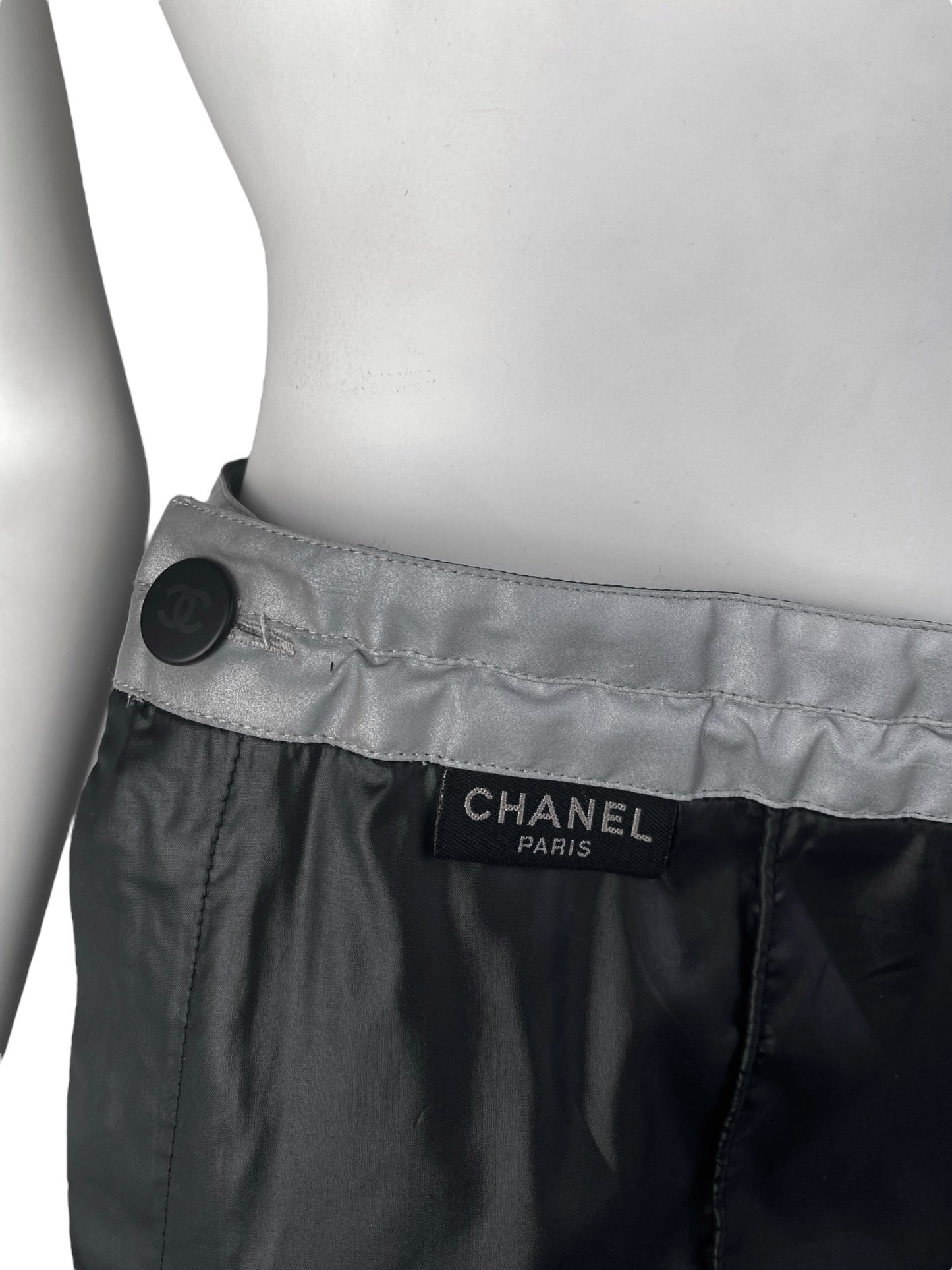 CHANEL SS1999 BLACK NYLON REFLECTIVE HEM WIDE PANTS