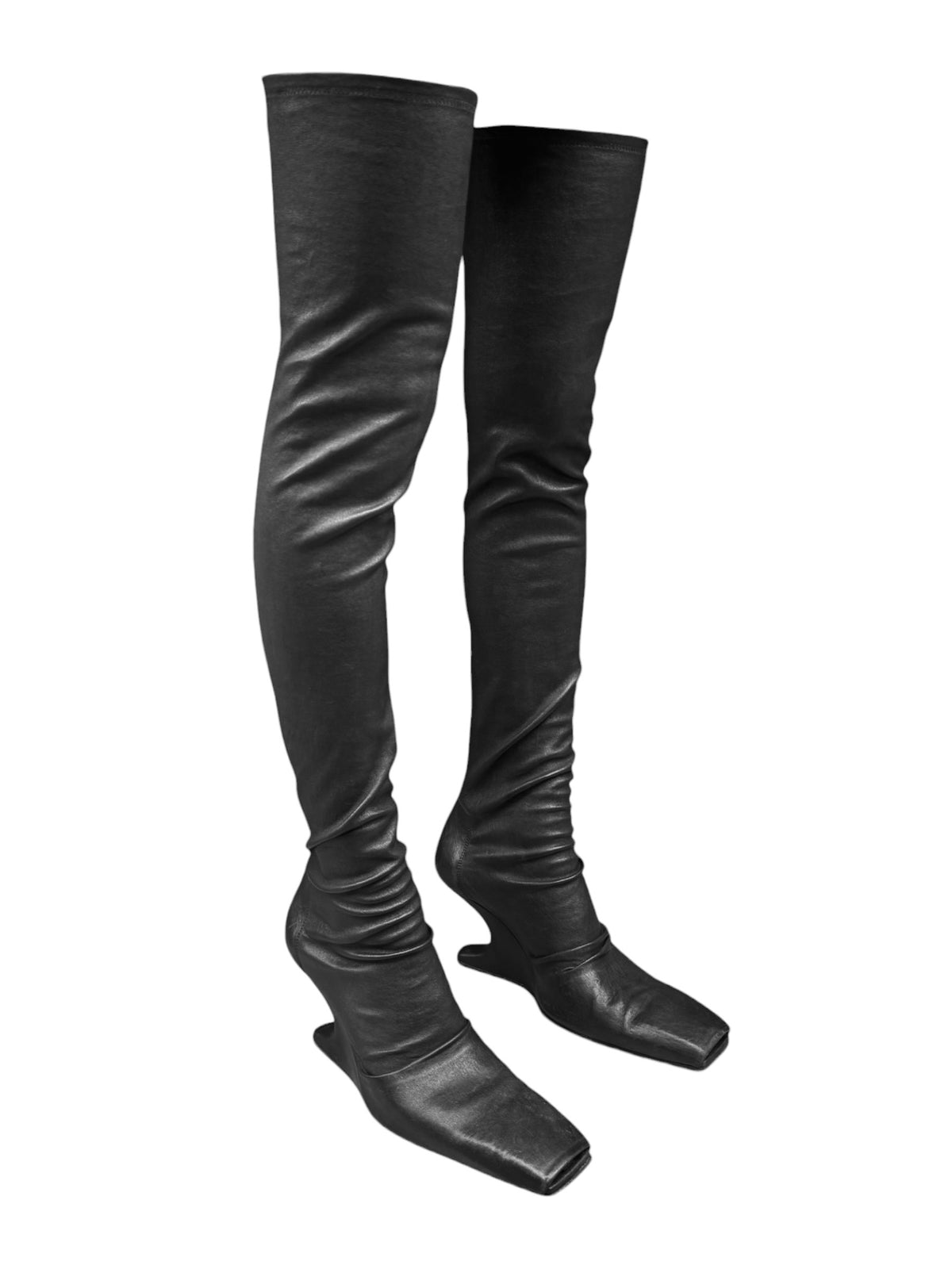 RICK OWENS 2020s BLACK LEATHER CANTILEVER TIGH-HIGH BOOTS