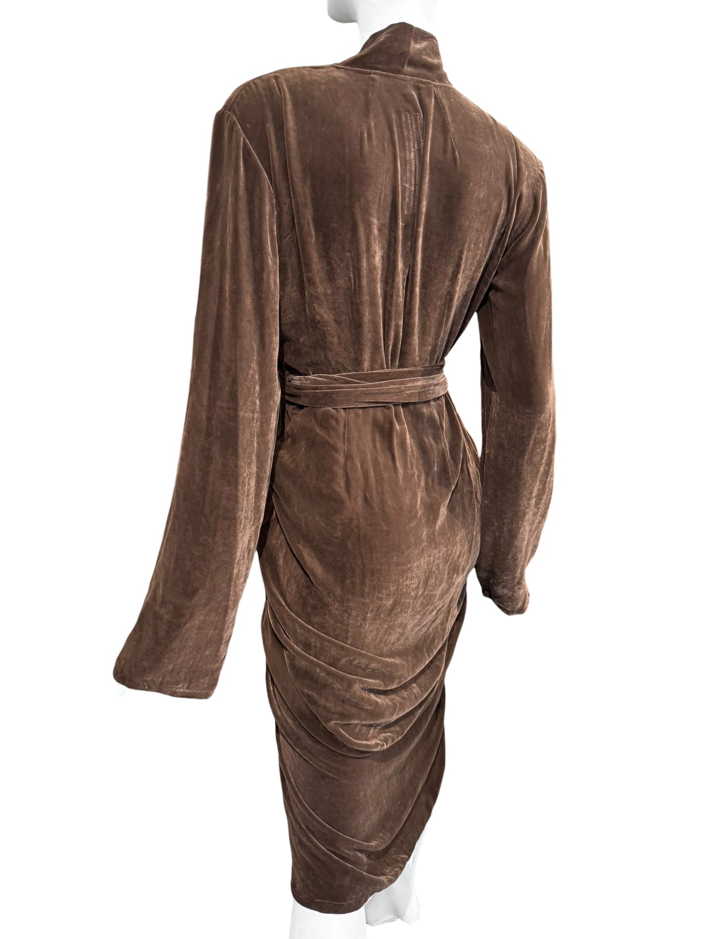 RICK OWENS FW2023 «LUXOR»BROWN VELVET DRAPED WRAP MIDI DRESS