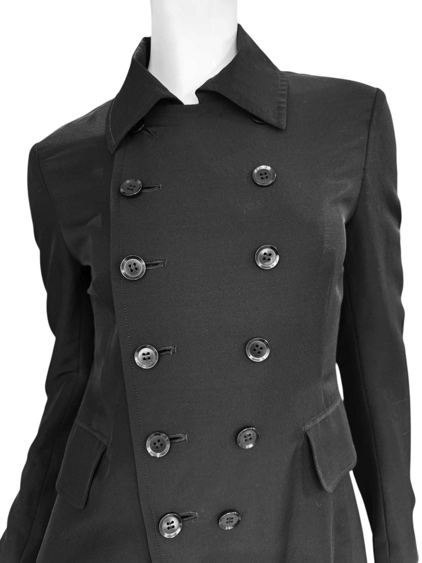 Y’S YOHJI YAMAMOTO SS2010 BLACK WOOL & SILK DOUBLE BREASTED LIGHTWEIGHT COAT