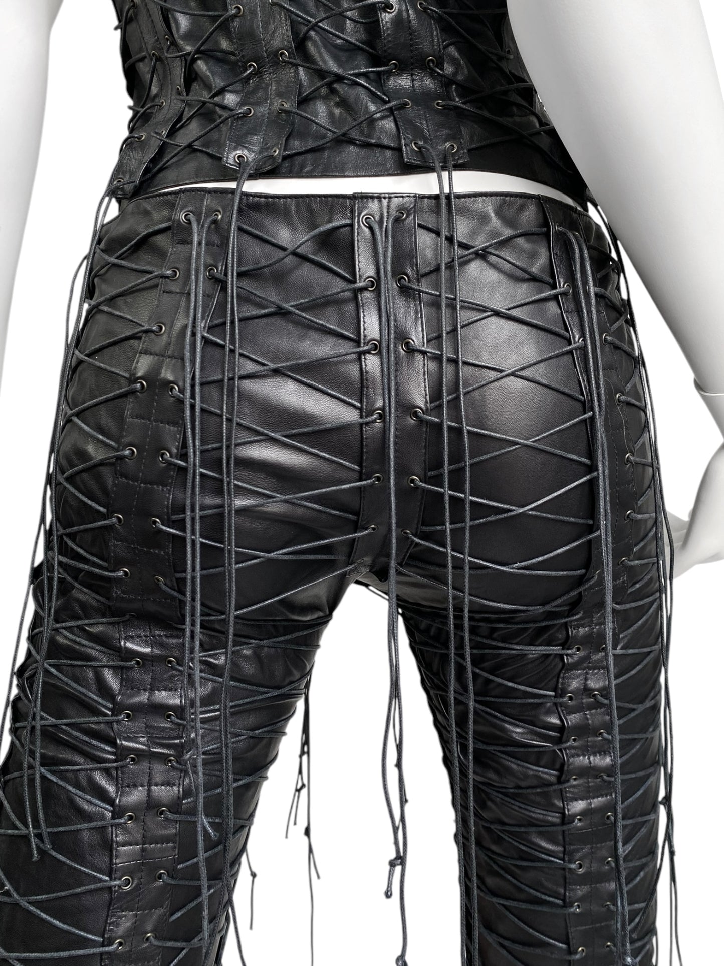 PLEIN SUD FW2002 BLACK LEATHER LACED-UP CAGE PANTS