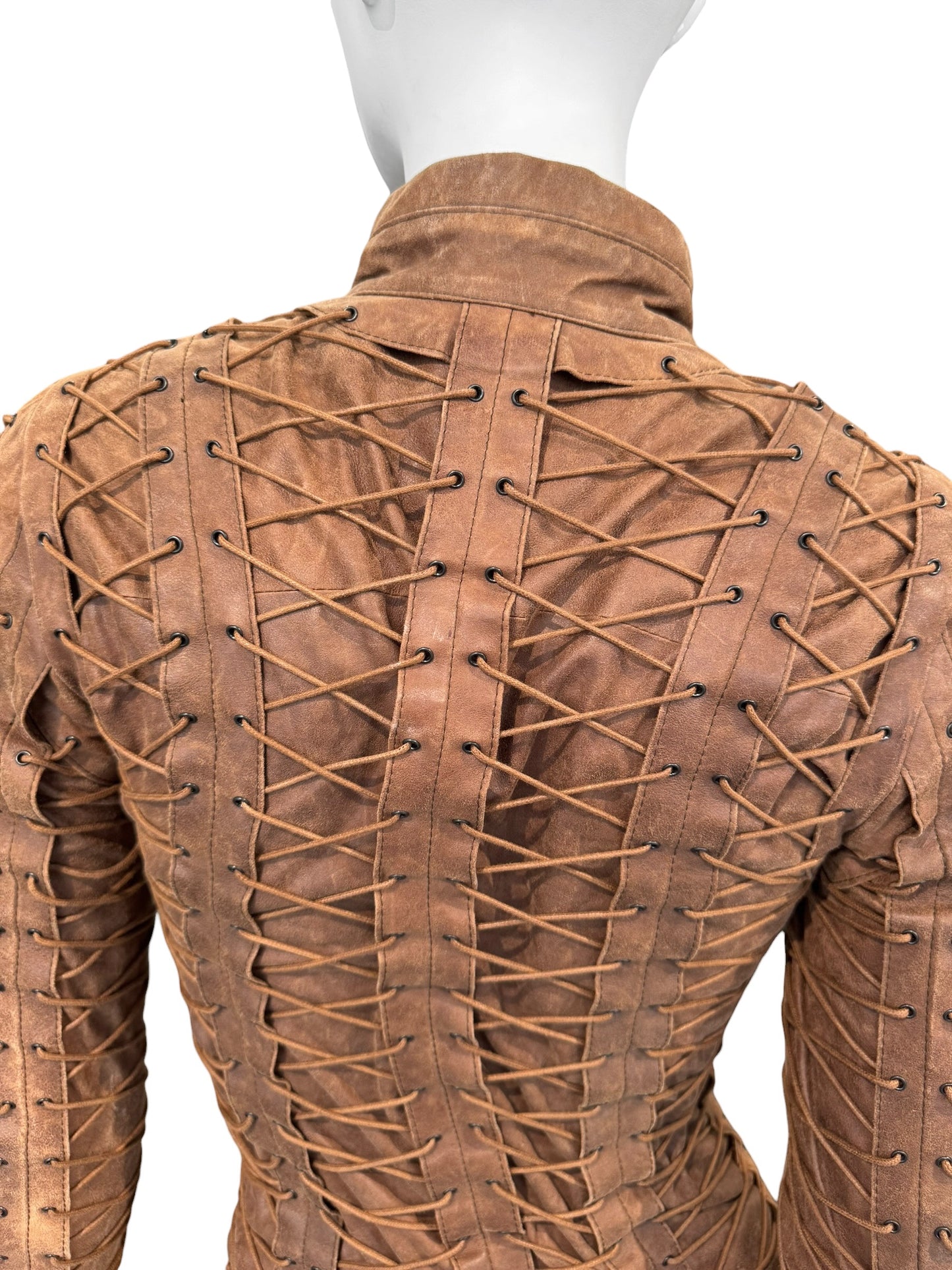 PLEIN SUD FW2002 BROWN LEATHER LACE-UP CAGE JACKET