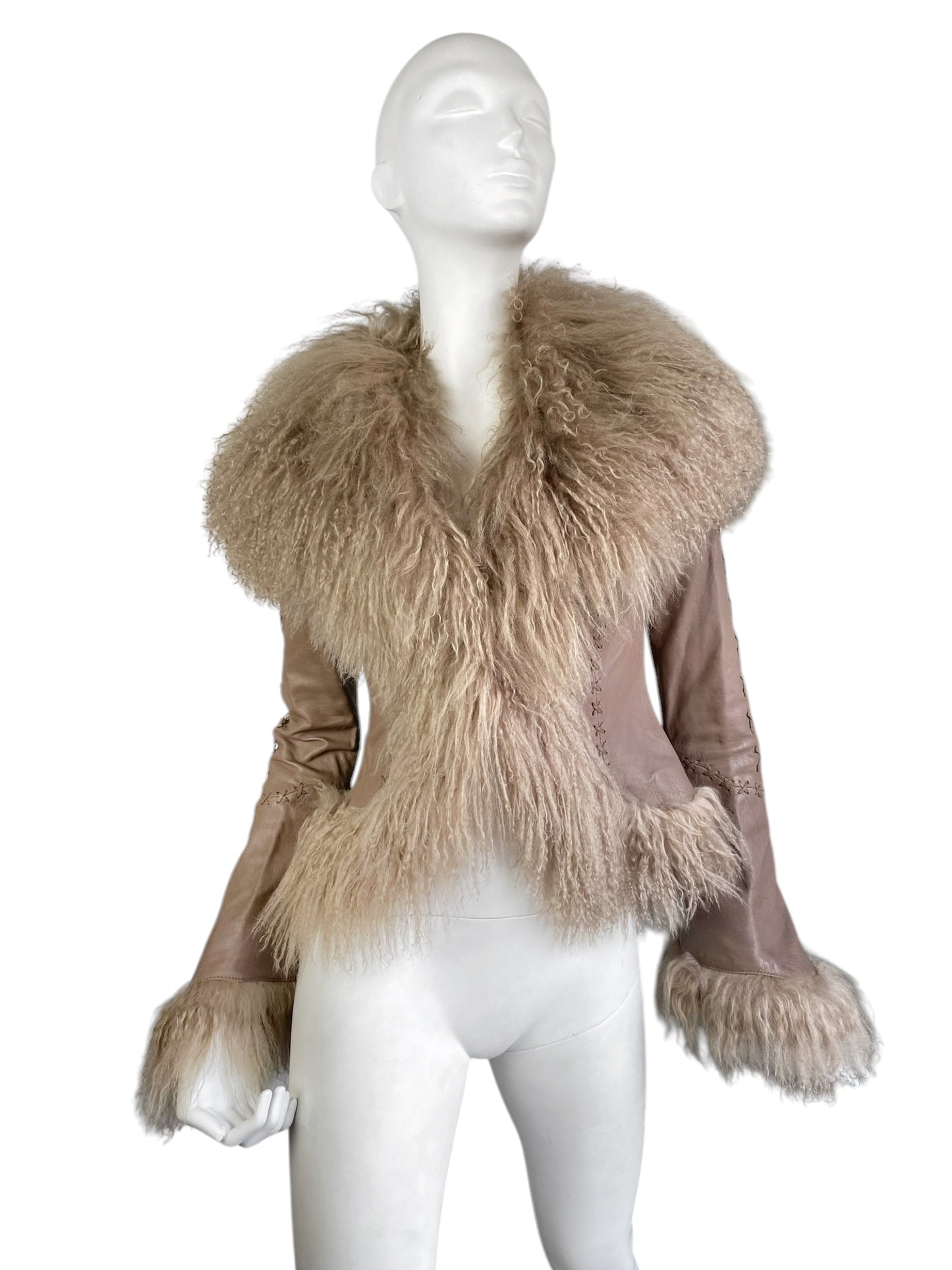 JUST CAVALLI 2000s BEIGE LEATHER LACED MONGOLIAN LAMB FUR TRIM JACKET