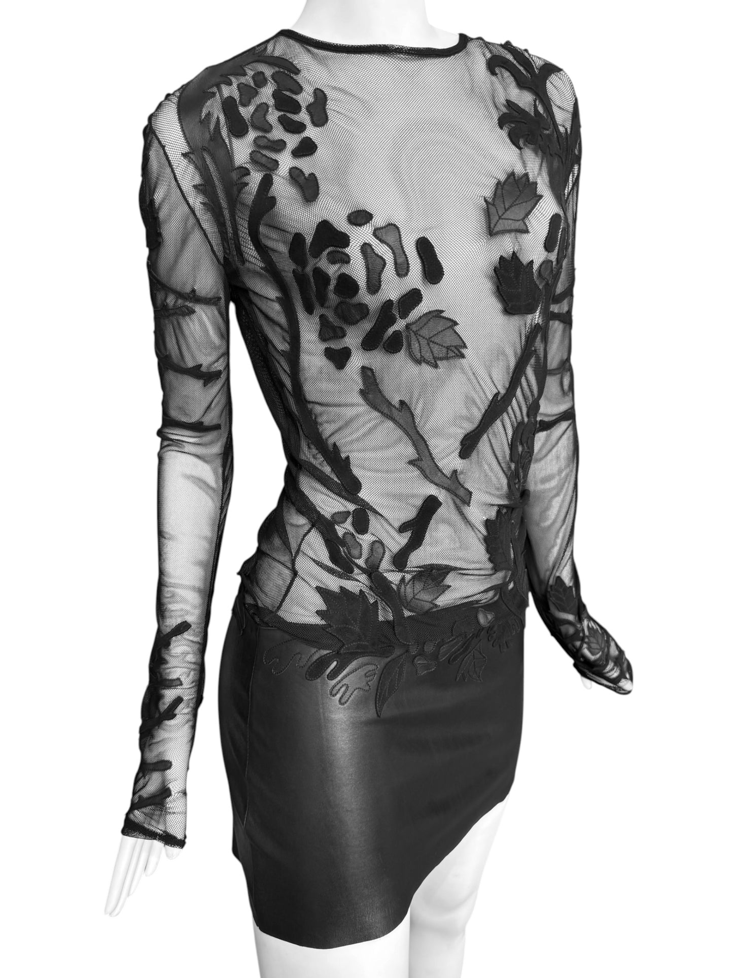 JITROIS 2012 BLACK MESH & LEATHER APPLIQUÉ SHEER MINI DRESS