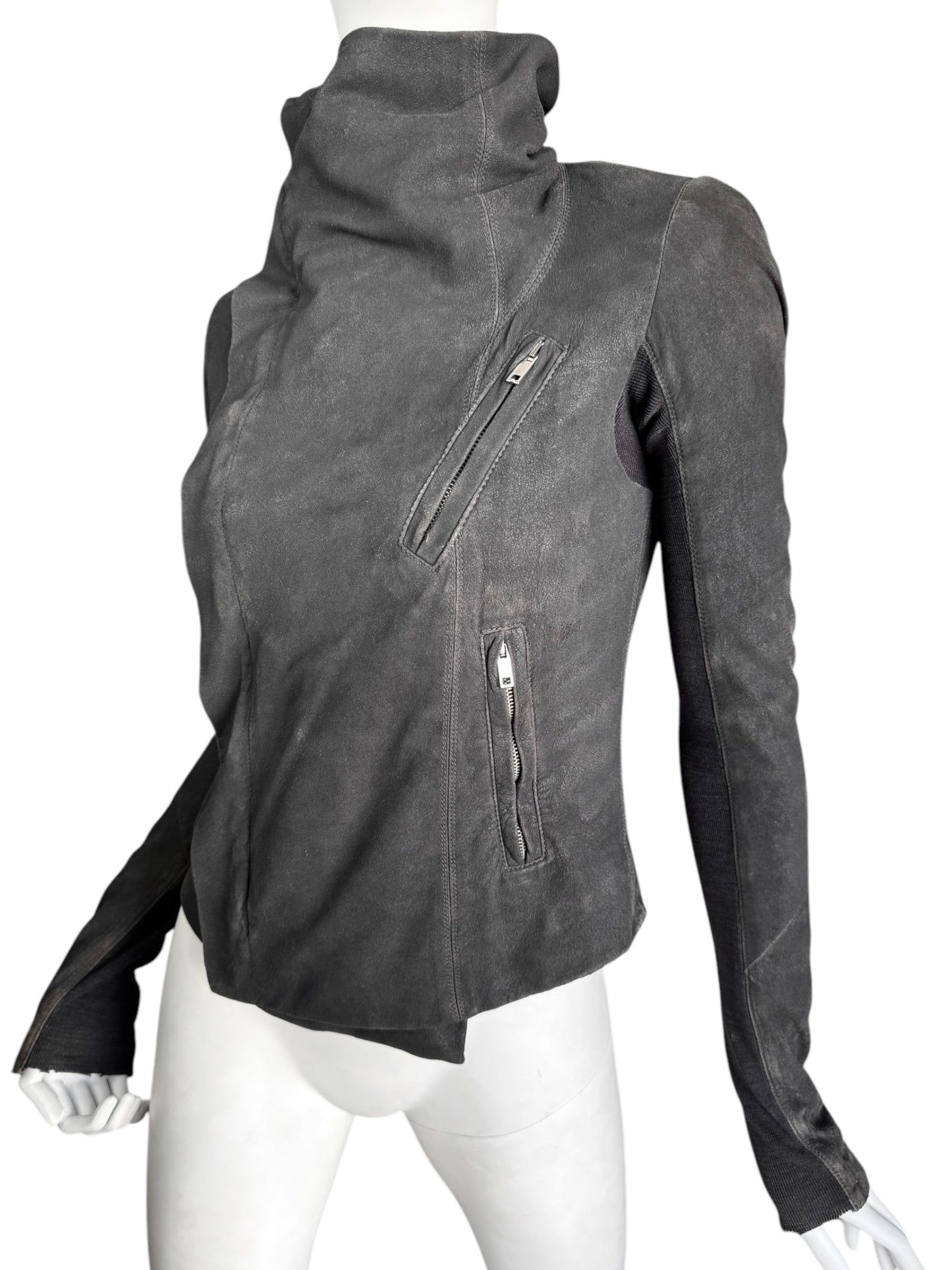 RICK OWENS 2000s GREY LEATHER HIGH COLLAR ZIP JACKET
