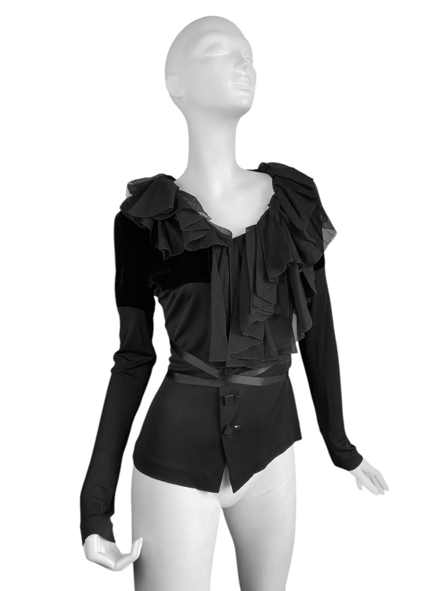 JEAN PAUL GAULTIER 2010s BLACK VELVET & SILK RUFFLES BONDAGE BLOUSE