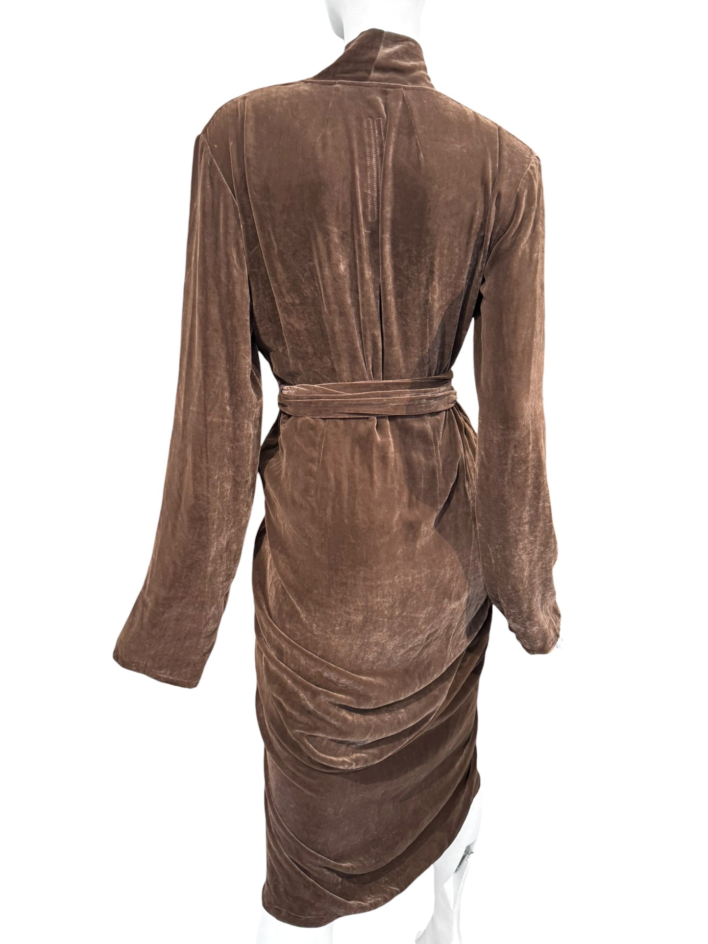 RICK OWENS FW2023 «LUXOR»BROWN VELVET DRAPED WRAP MIDI DRESS