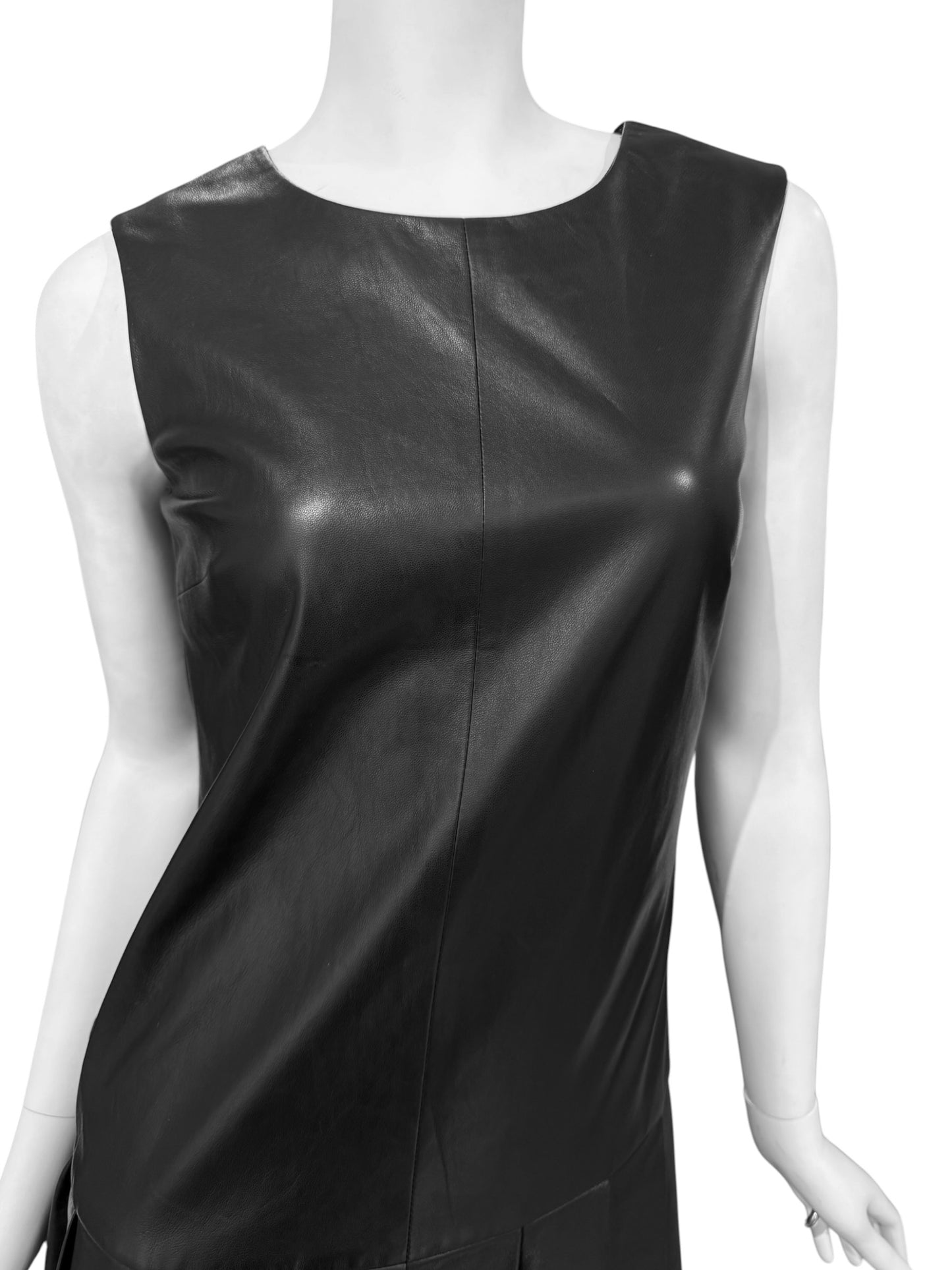 SIMONETTA RAVIZZA 2000s BLACK LEATHER OPEN BACK PLEATED MINI DRESS