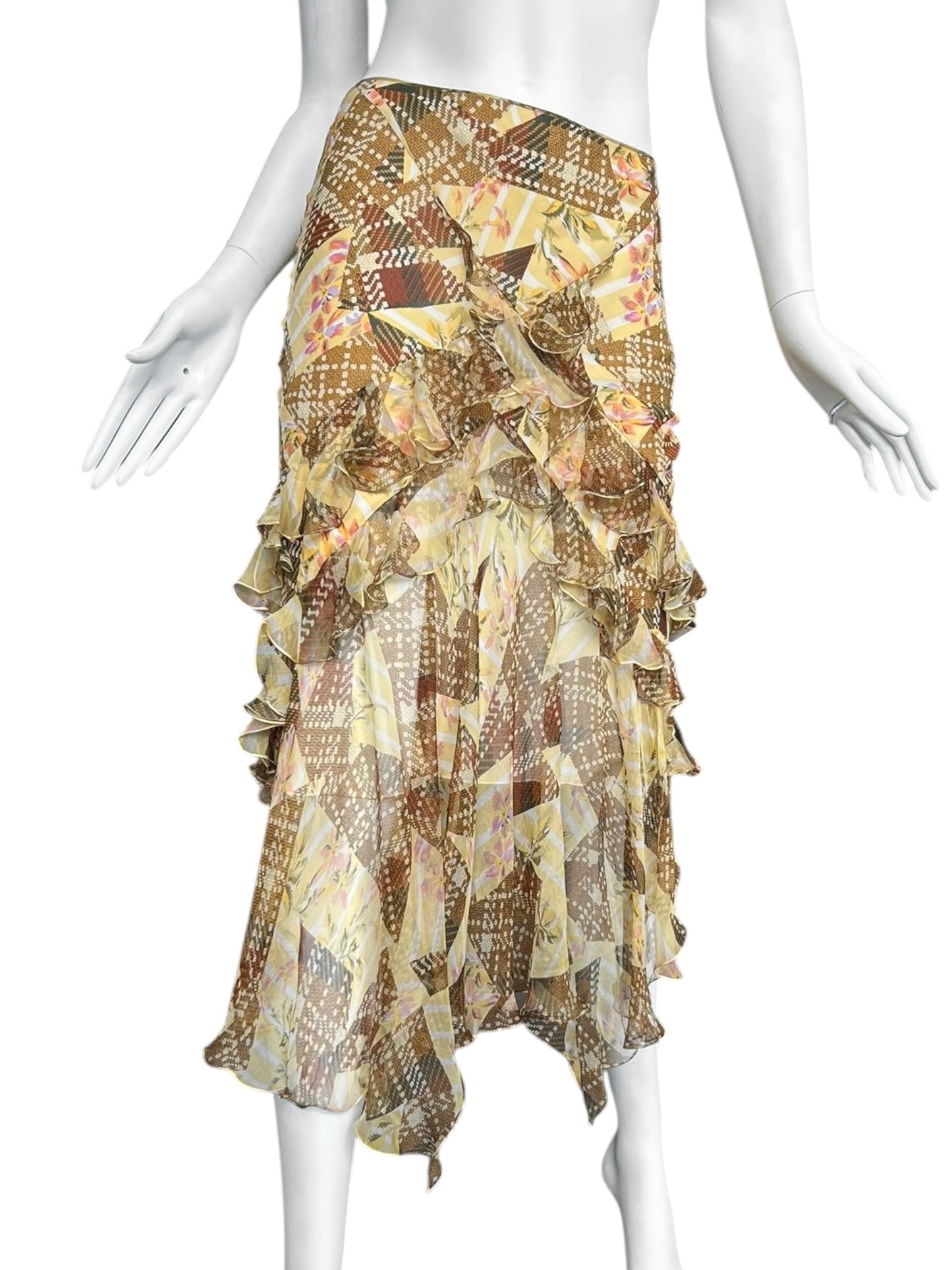 JOHN GALLIANO FW2004 YELLOW & BROWN TARTAN SILK RUFFLES MAXI SKIRT
