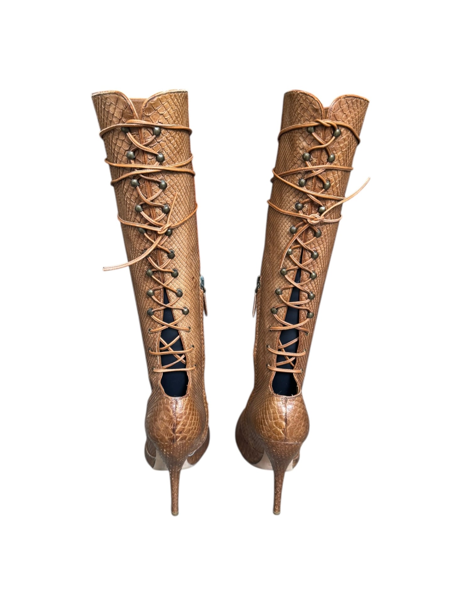 ALEXANDER MCQUEEN FW2002 «SUPERCALIFRAGILISTICEXPIALIDOCIOUS» BROWN SNAKESKIN LACE-UP BOOTS