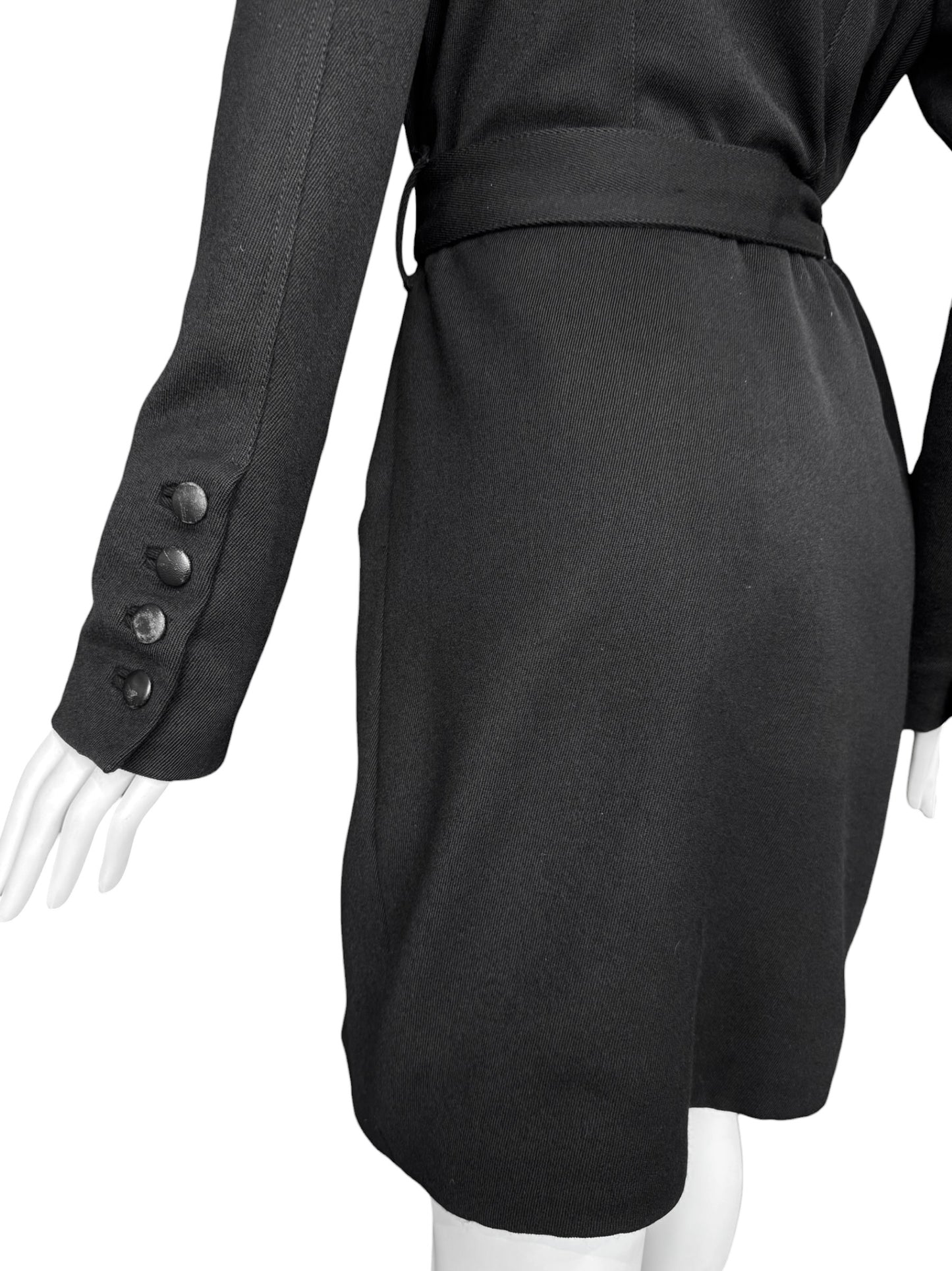 KAVIAR GAUCHE 2010s BLACK WOOK & LEATHER DOUBLE BREASTED COAT