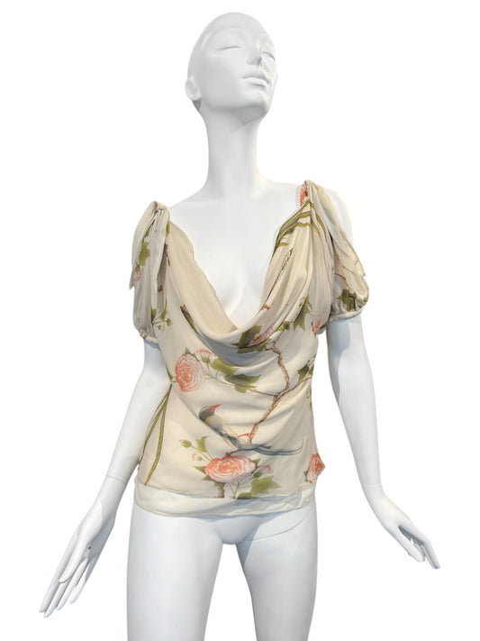 ALEXANDER MCQUEEN SS2007 «SARABANDE» BEIGE SILK BIRD PRINT COWL NECK COLD-SHOULDER TOP