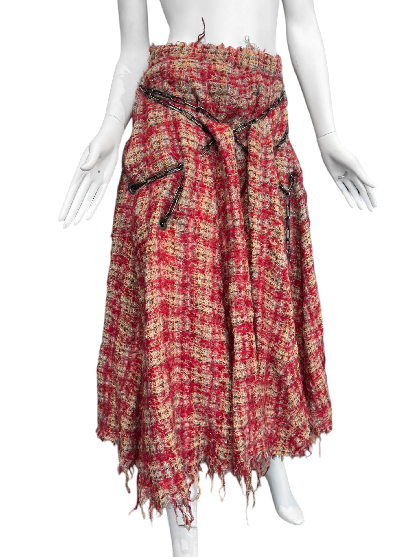 JUNYA WATANABE FW2003 RED WOOL DISTRESS TWEED CHAINS MAXI SKIRT