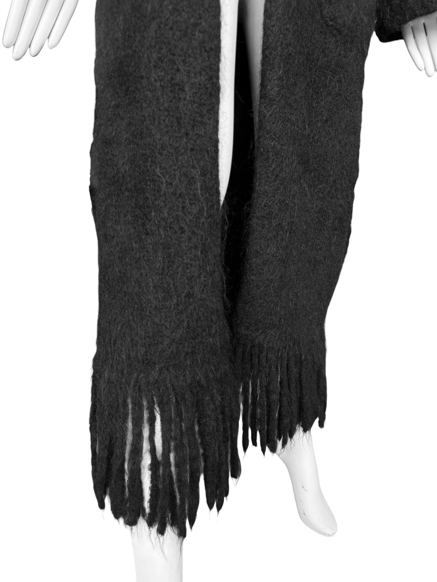 ISABEL BENENATO FW2020 BLACK WOOL & MOHAIR BLEND FRINGES MAXI COAT