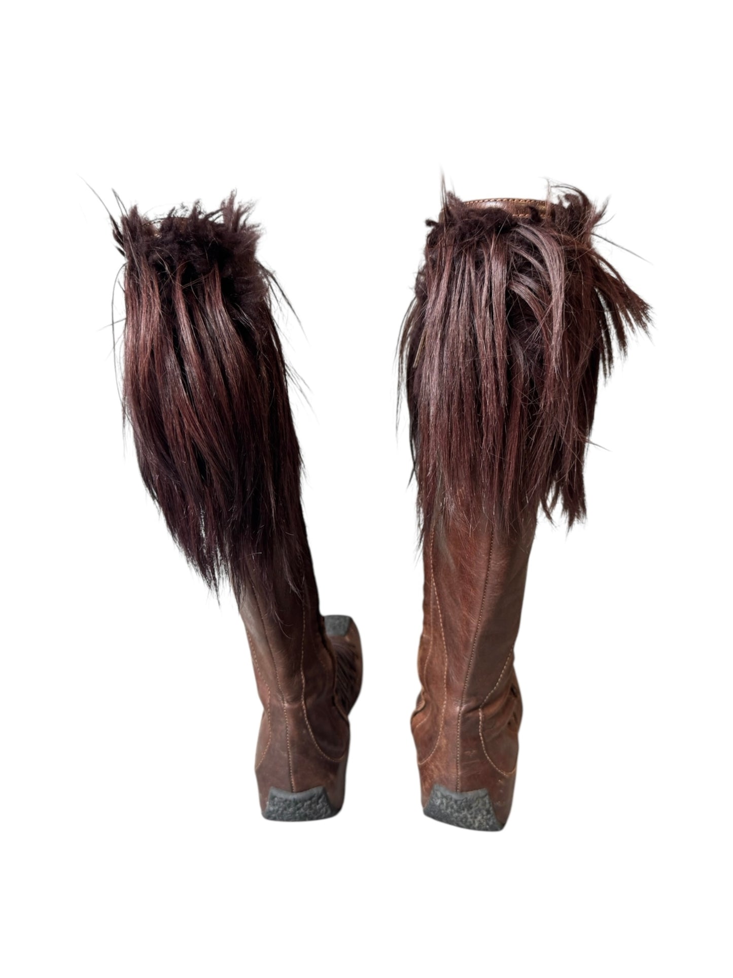 DIOR FW2002 BY GALLIANO BROWN LEATHER & FUR LACE-UP BOOTS