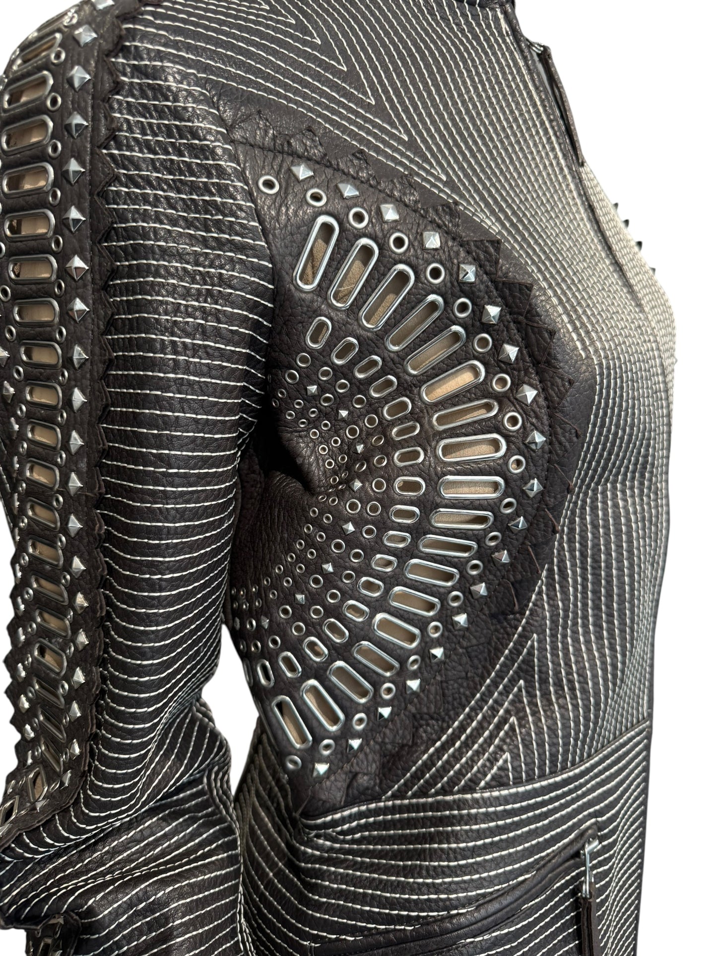 GIANFRANCO FERRE SS2004 DARK BROWN LEATHER GROMMET & STUD EMBELLISHED JACKET