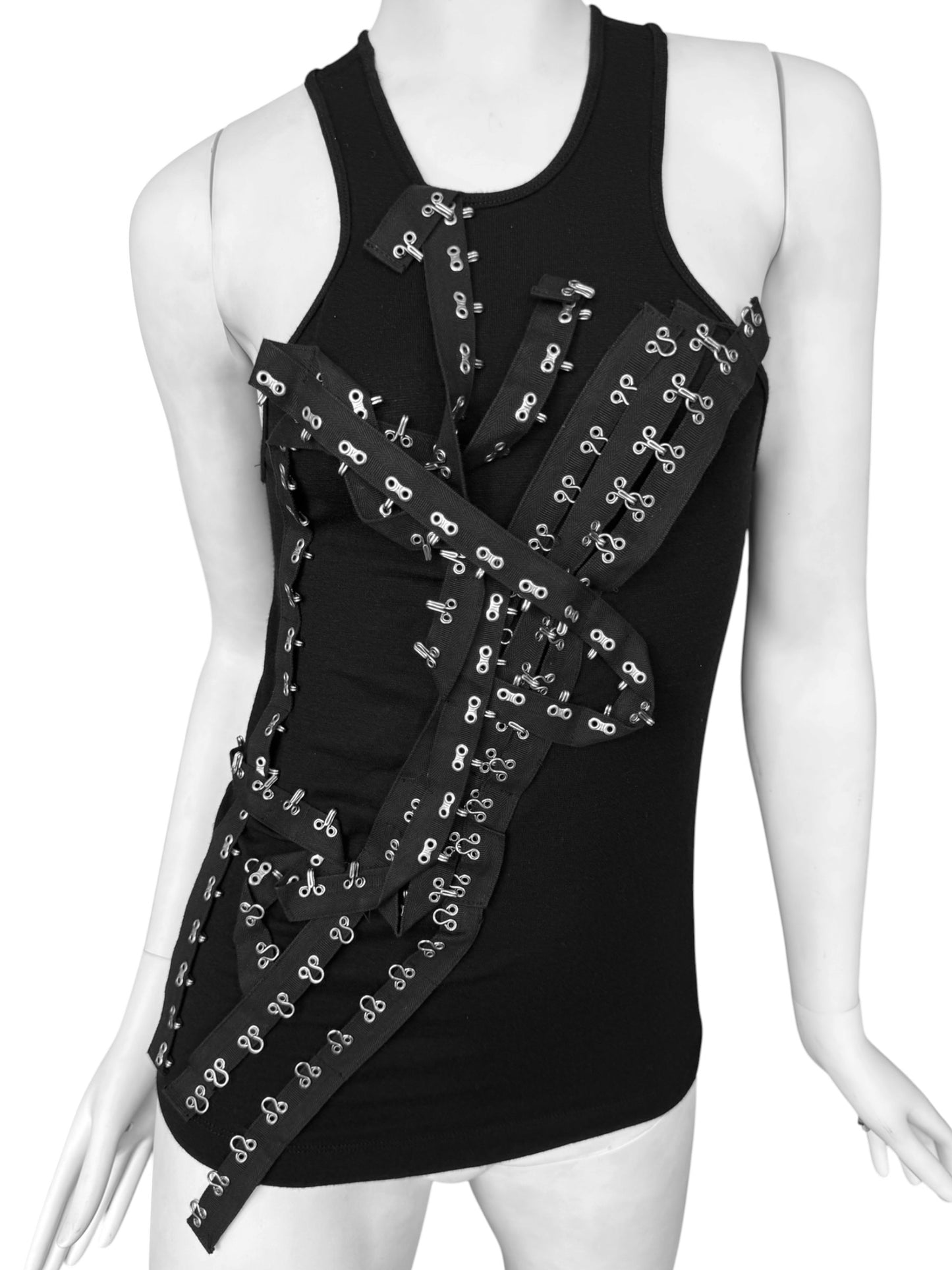 PLEIN SUD JEANS FW2003 BLACK HOOK & EYE STRAP TANK TOP