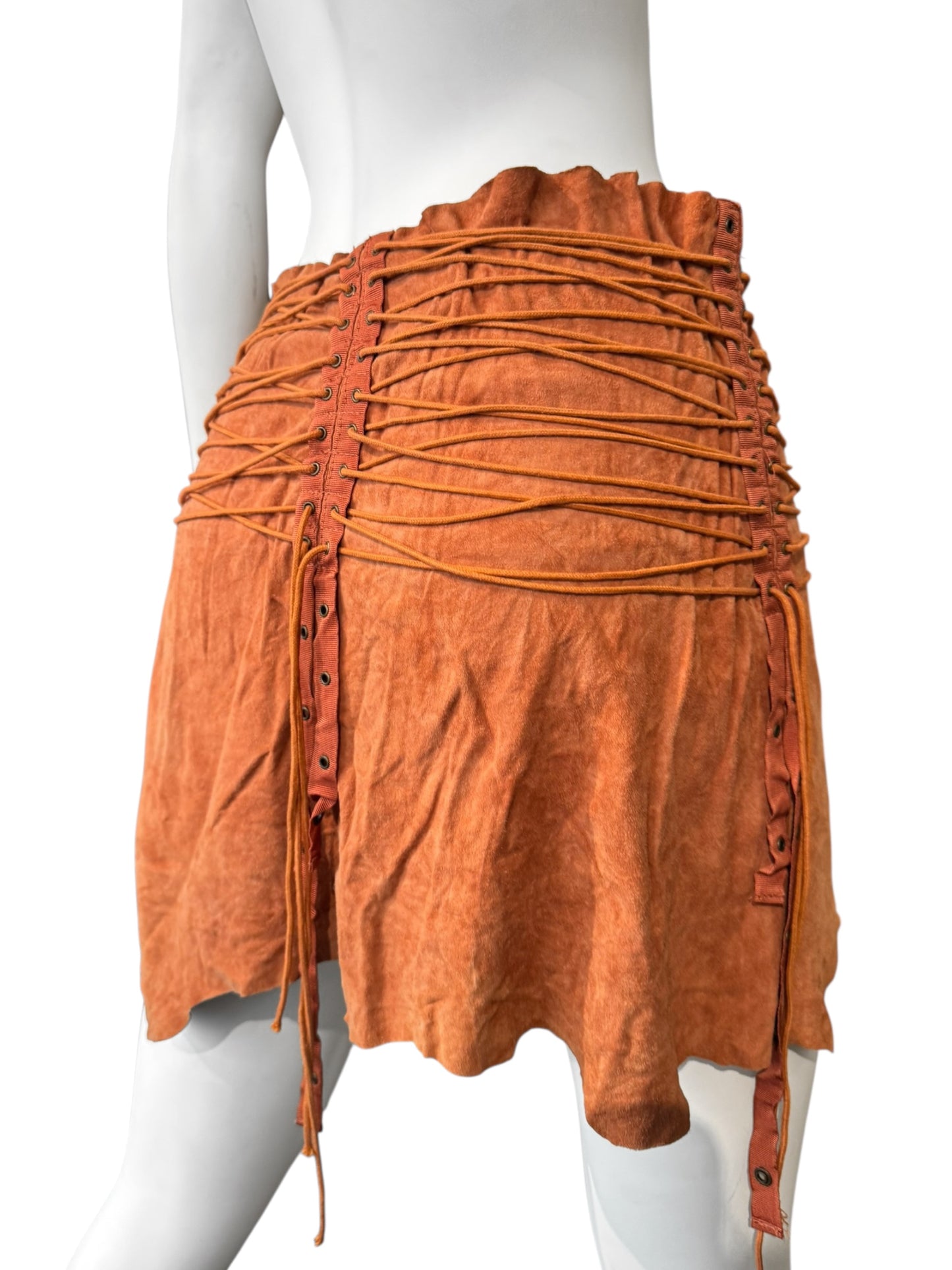 PLEIN SUD SS2003 ORANGE SUEDE LEATHER LACE-UP MINI SKIRT
