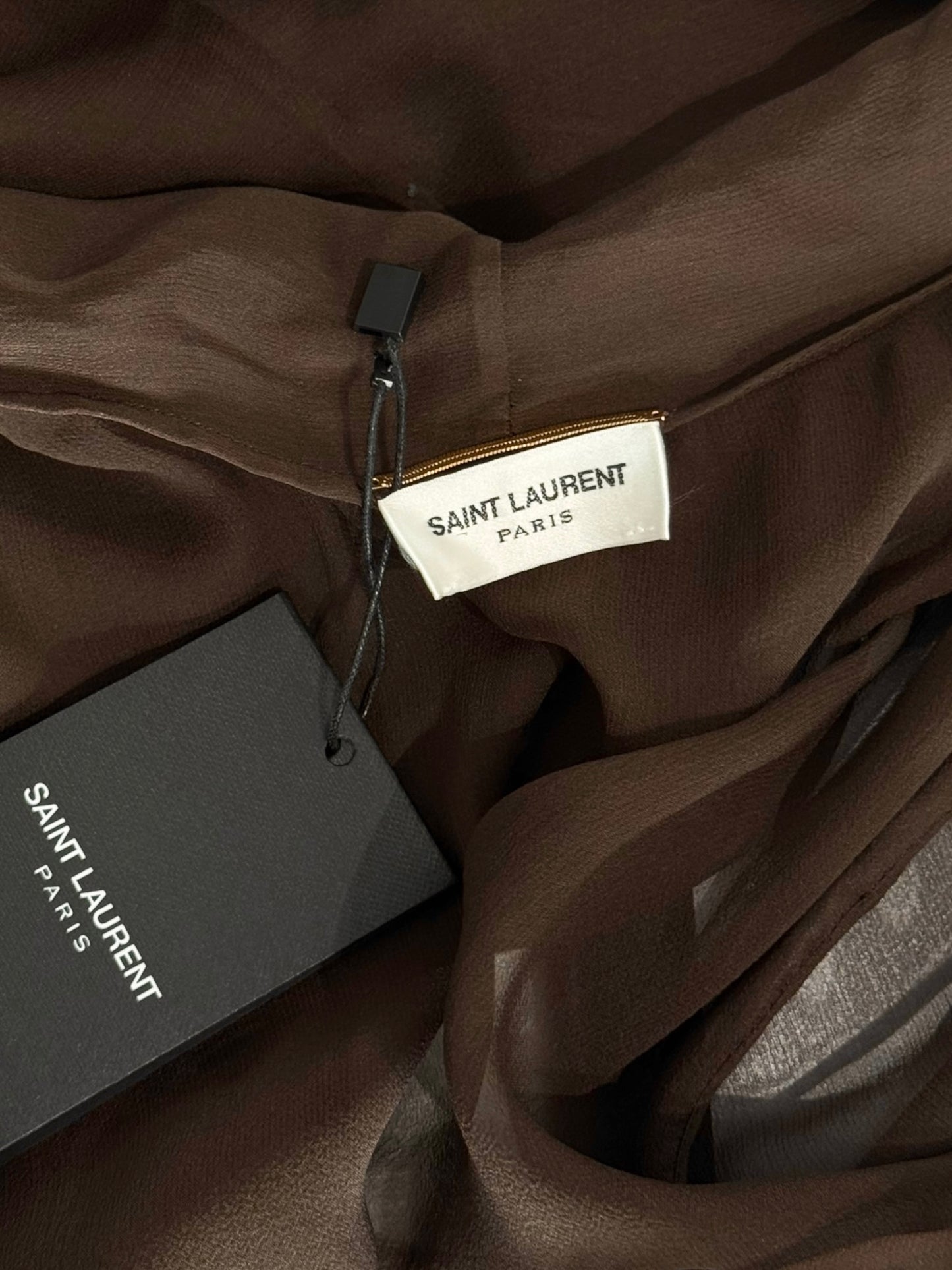 SAINT LAURENT PRE-FALL 2023 BY ANTHONY VACCARELLO BROWN SILK HOODED WRAP BLOUSE