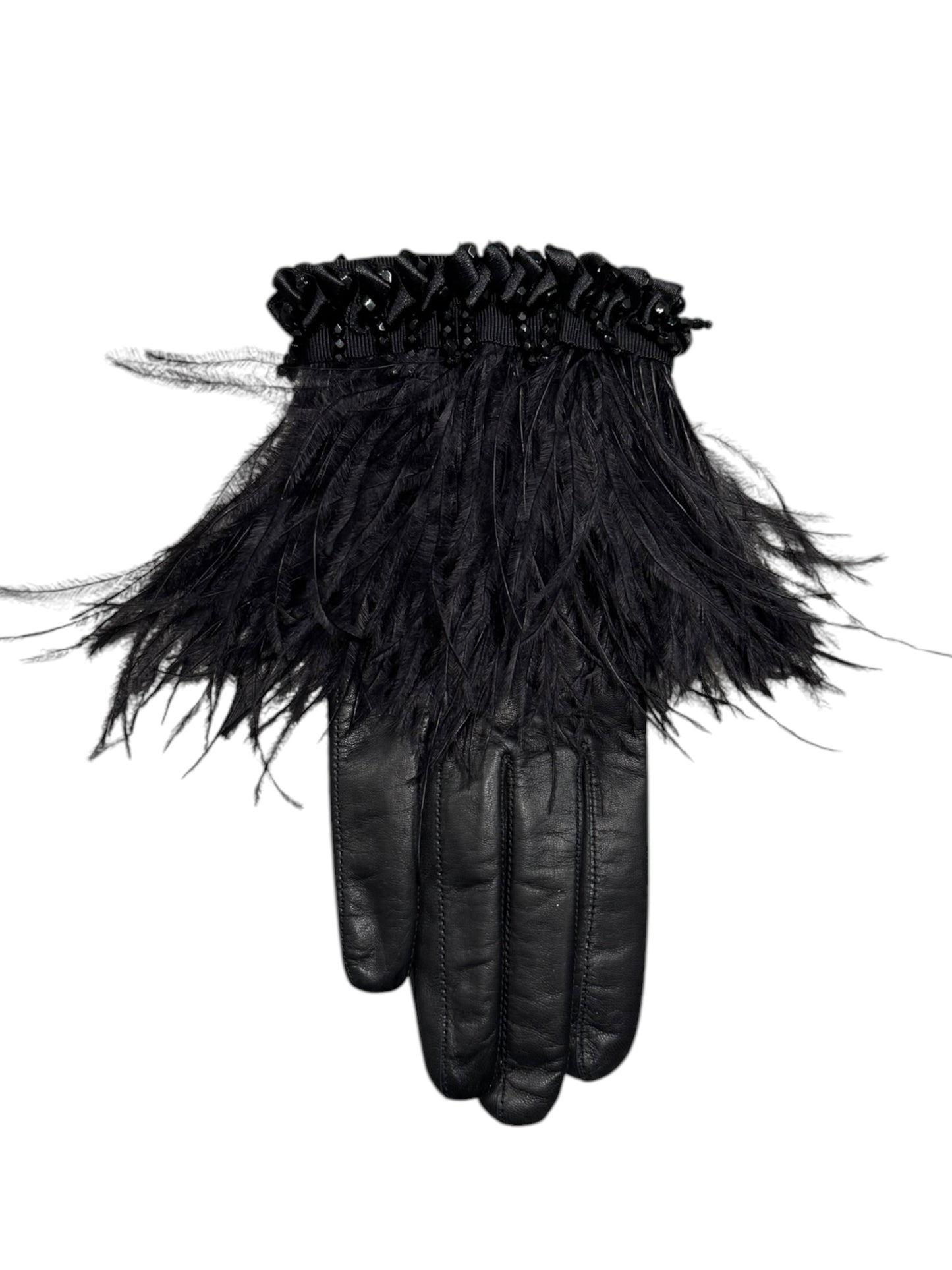 CHRISTIAN LACROIX 2000s BLACK LEATHER & OSTRICH FEATHERS EMBELLISHED CLUTCH & GLOVES