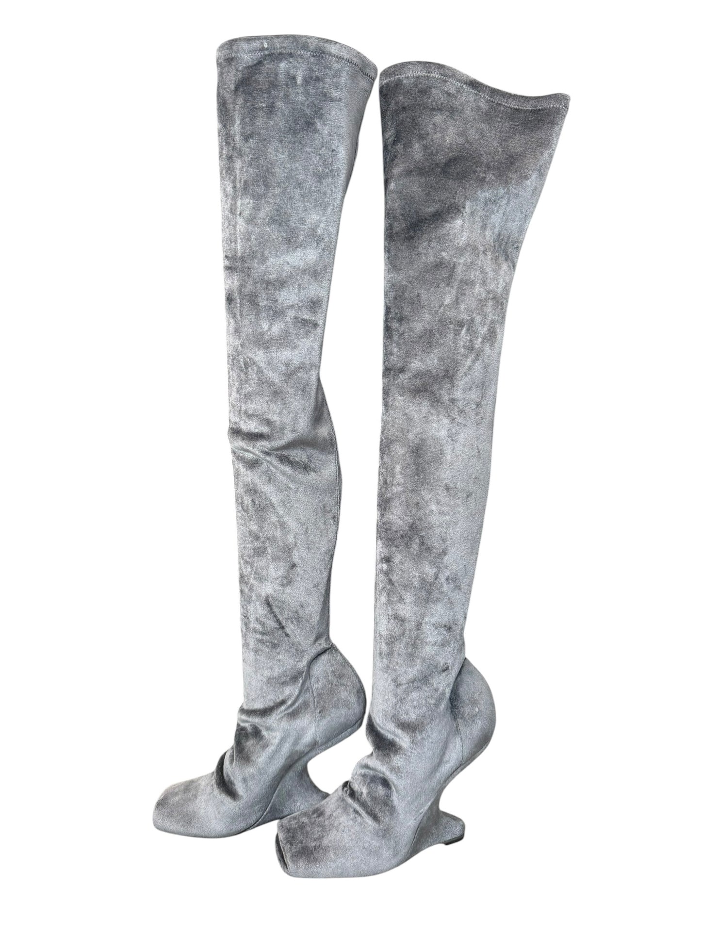RICK OWENS 2020S GREY VELVET CANTILEVER THIGH-HIGH BOOTS