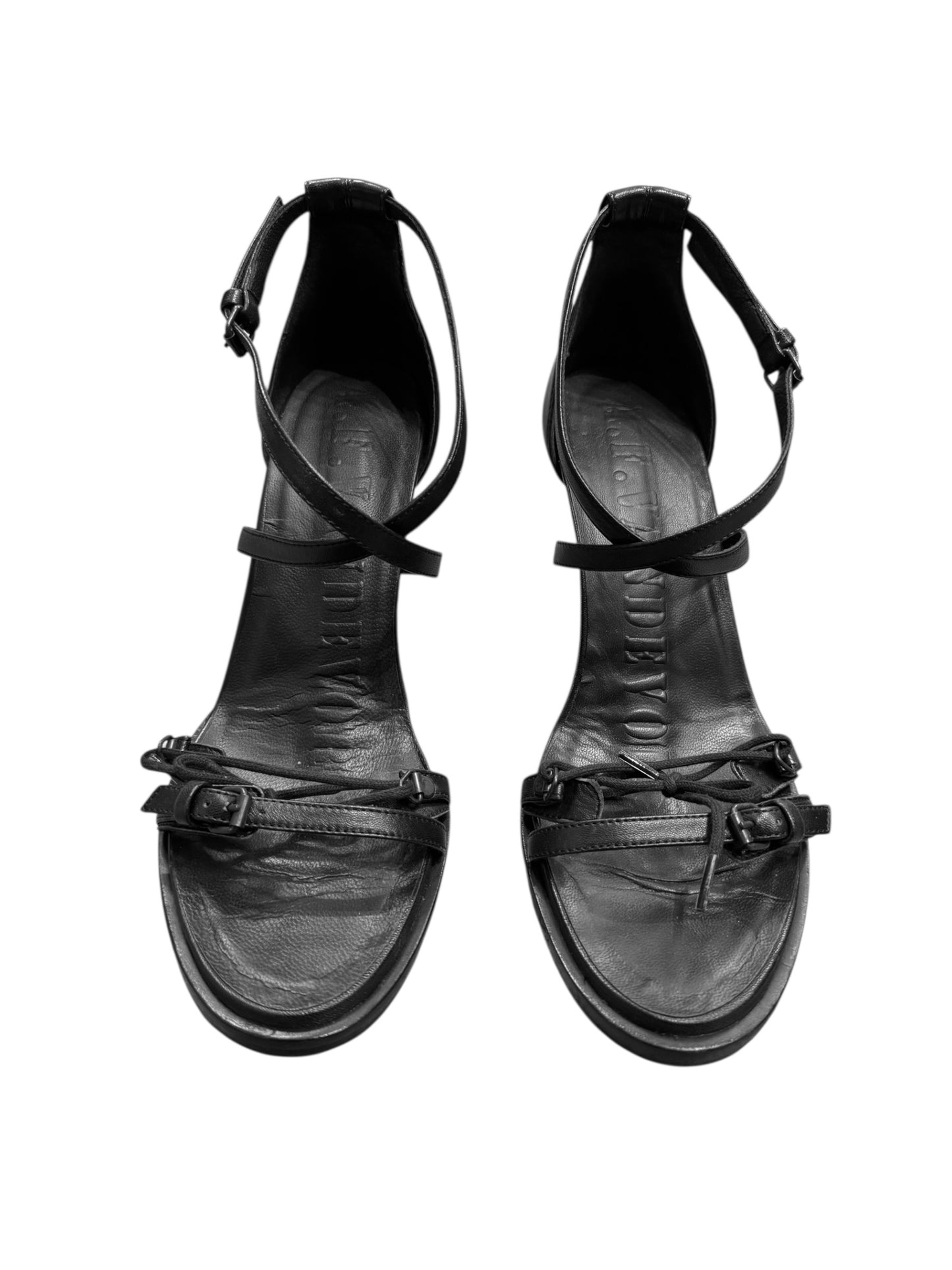 A.F. VANDEVORST SS2013 BLACK LEATHER LACE-UP HEELED SANDALS