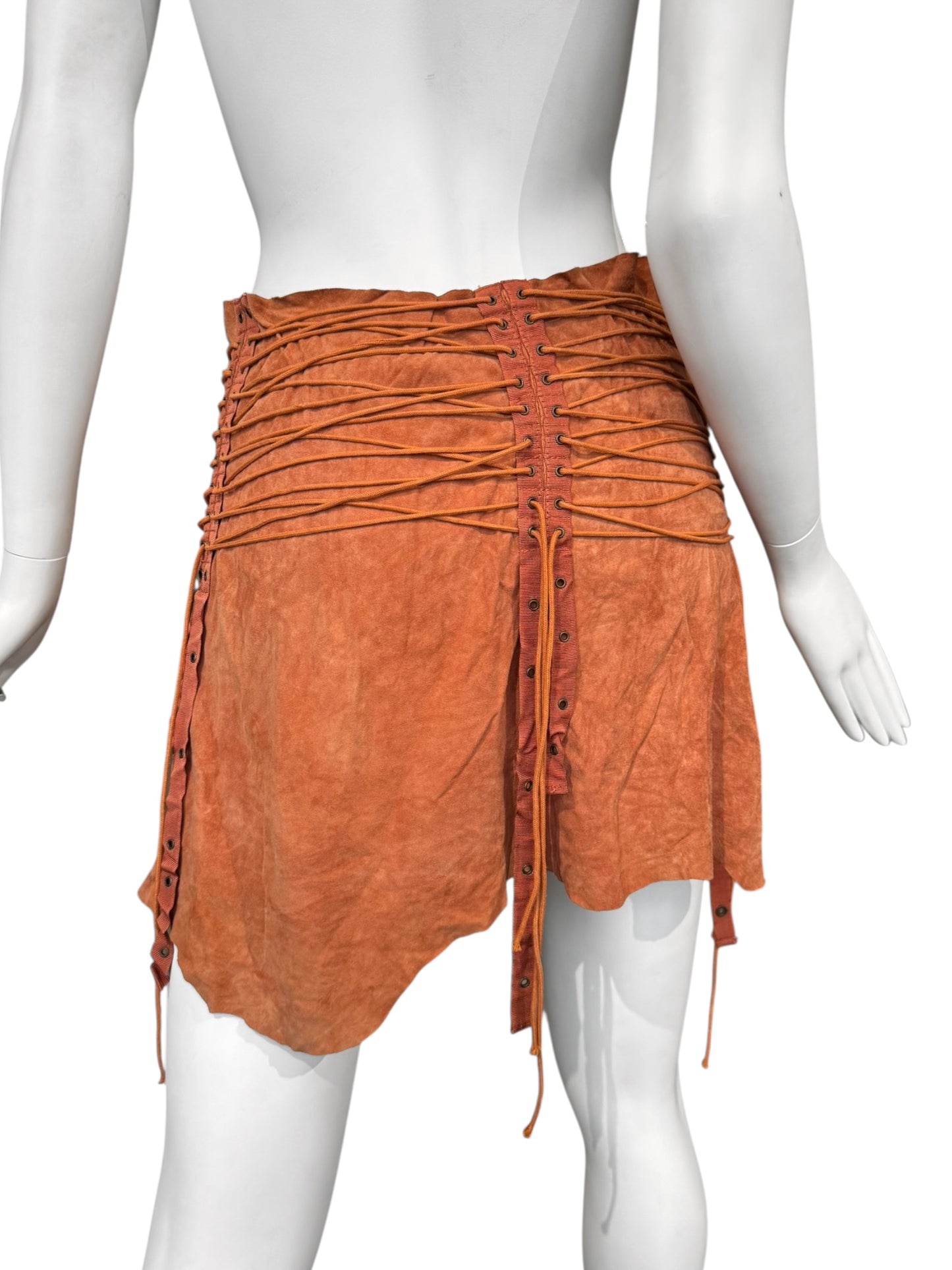 PLEIN SUD SS2003 ORANGE SUEDE LEATHER LACE-UP MINI SKIRT