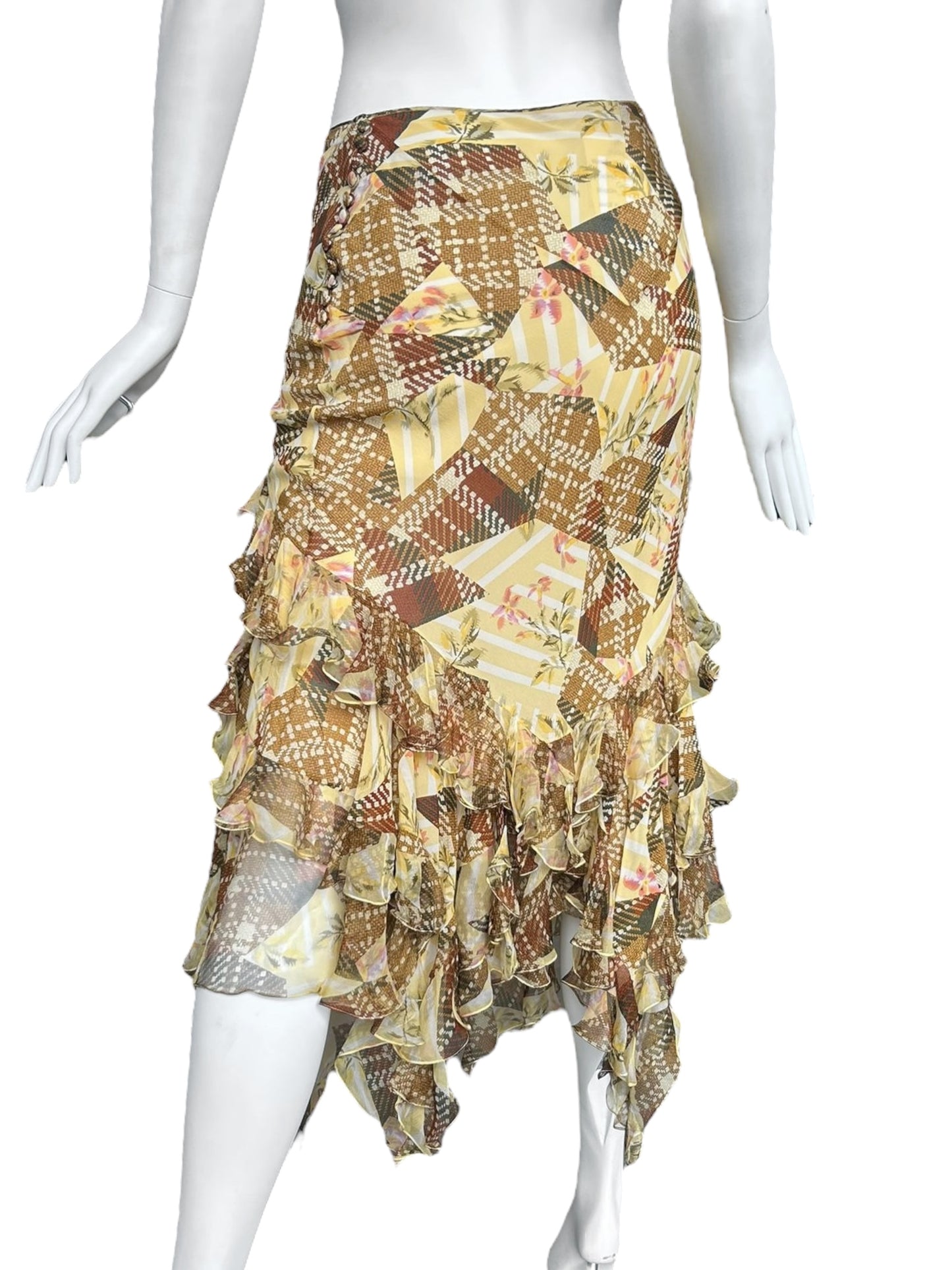 JOHN GALLIANO FW2004 YELLOW & BROWN TARTAN SILK RUFFLES MAXI SKIRT