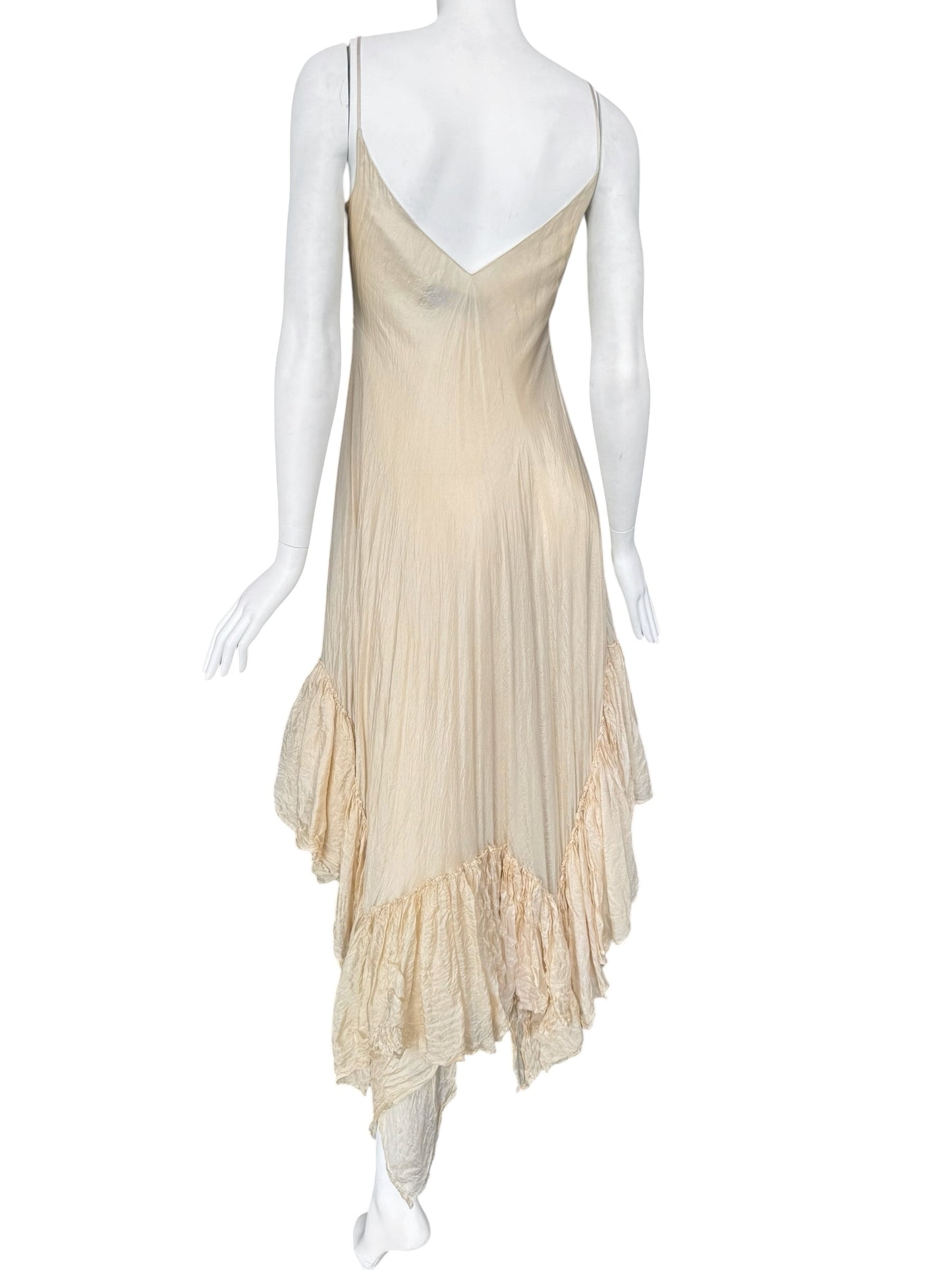 MARC LE BIHAN 2020s BEIGE SILK RUFFLES HEM MAXI DRESS