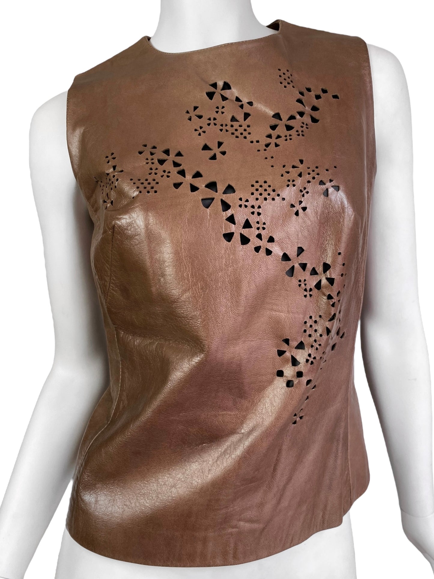 PLEIN SUD SS1999 BROWN LEATHER CUT OUT TANK TOP