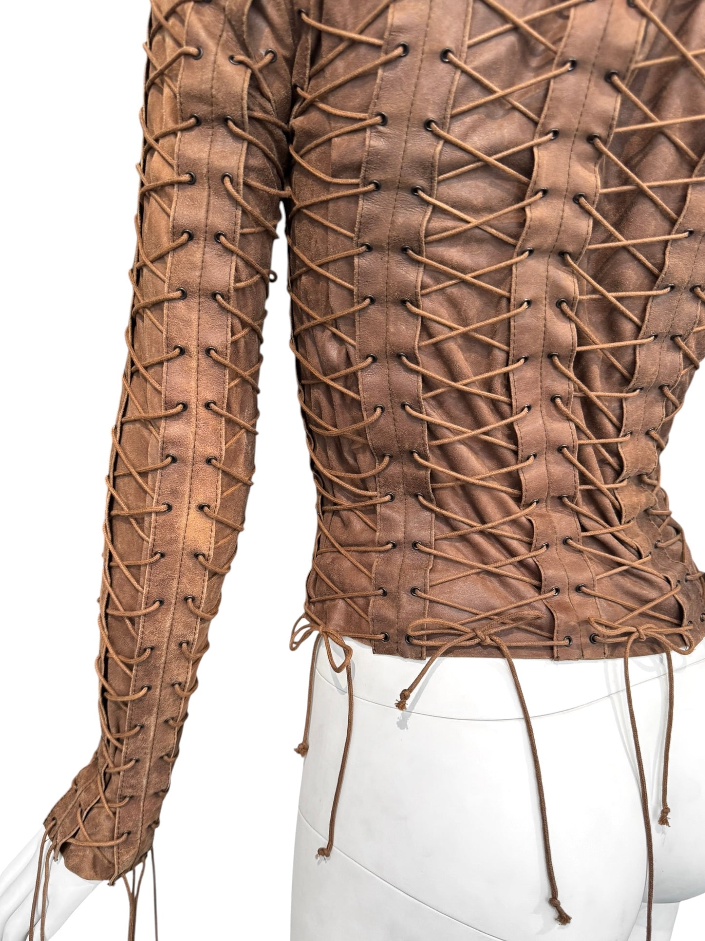 PLEIN SUD FW2002 BROWN LEATHER LACE-UP CAGE JACKET