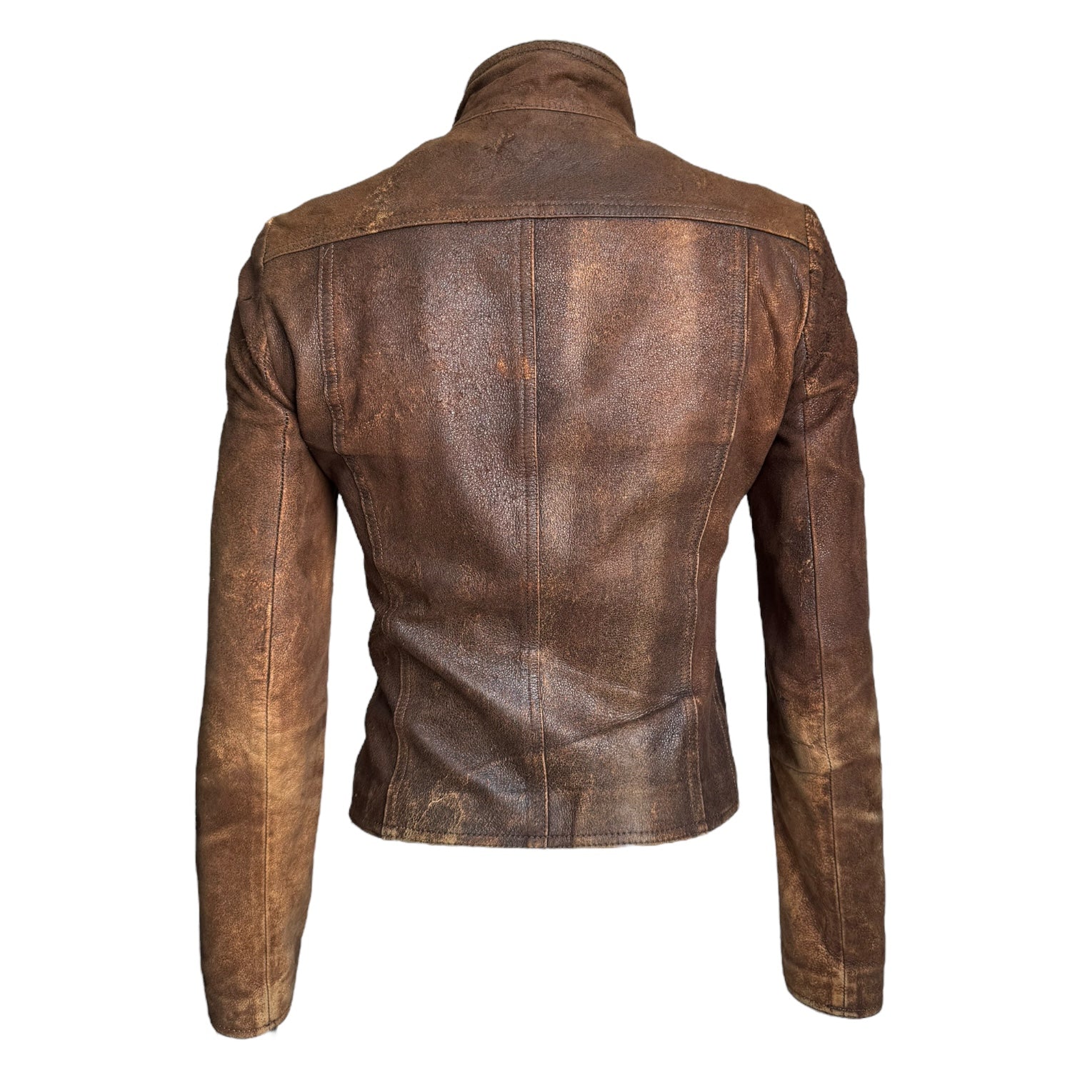 PLEIN SUD JEANS 2000s BROWN DISTRESSED LEATHER HOOKED JACKET