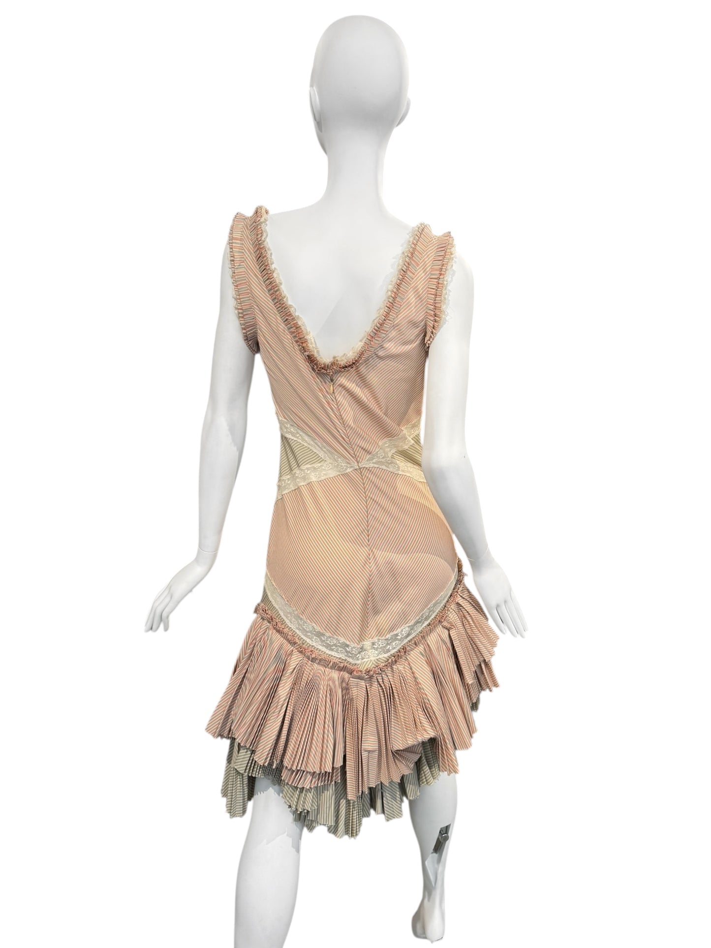 ALEXANDER MCQUEEN SS2005 «IT’S ONLY A GAME» PINK & GREEN STRIPED PLEATED MIDI DRESS