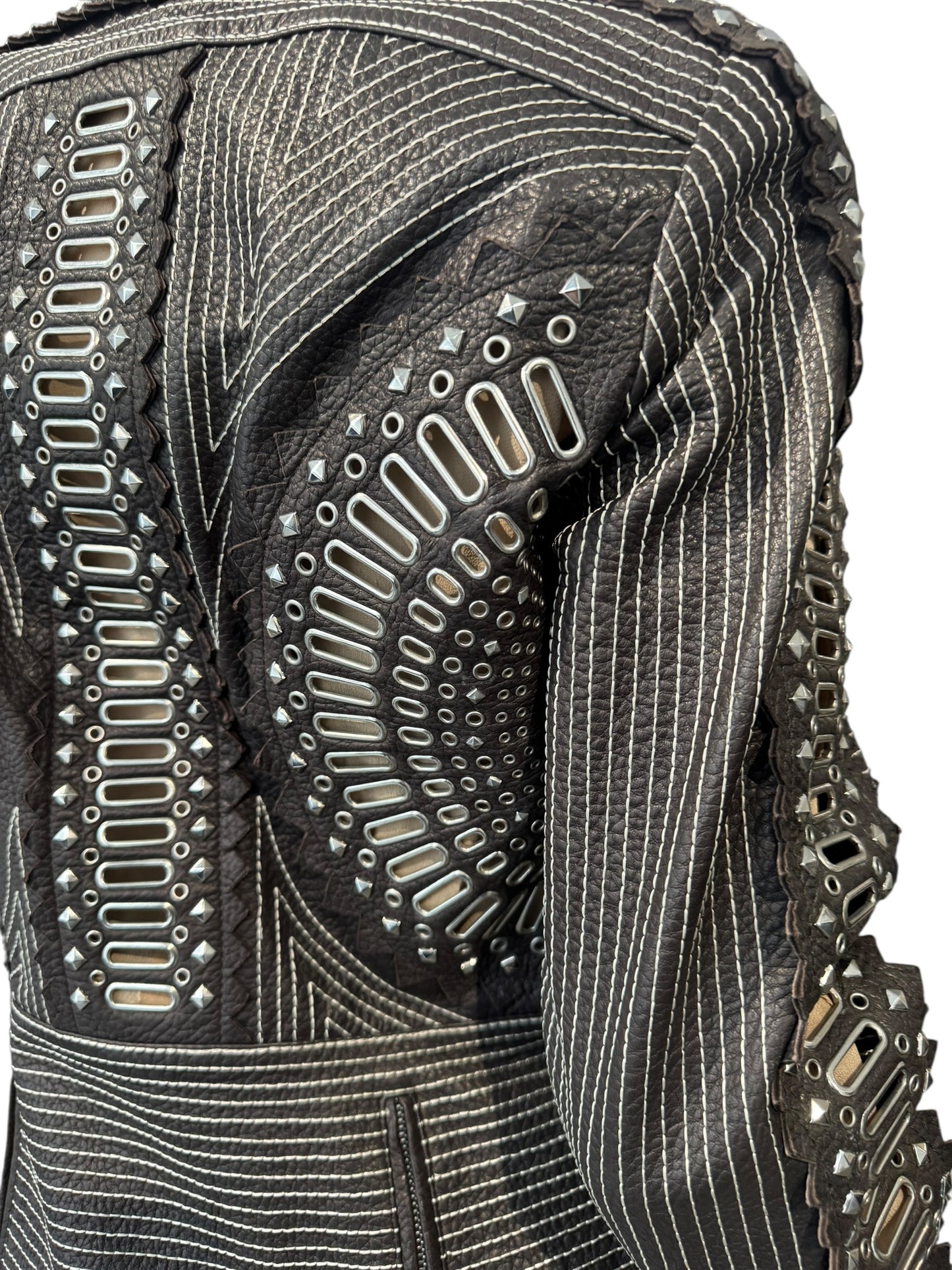 GIANFRANCO FERRE SS2004 DARK BROWN LEATHER GROMMET & STUD EMBELLISHED JACKET