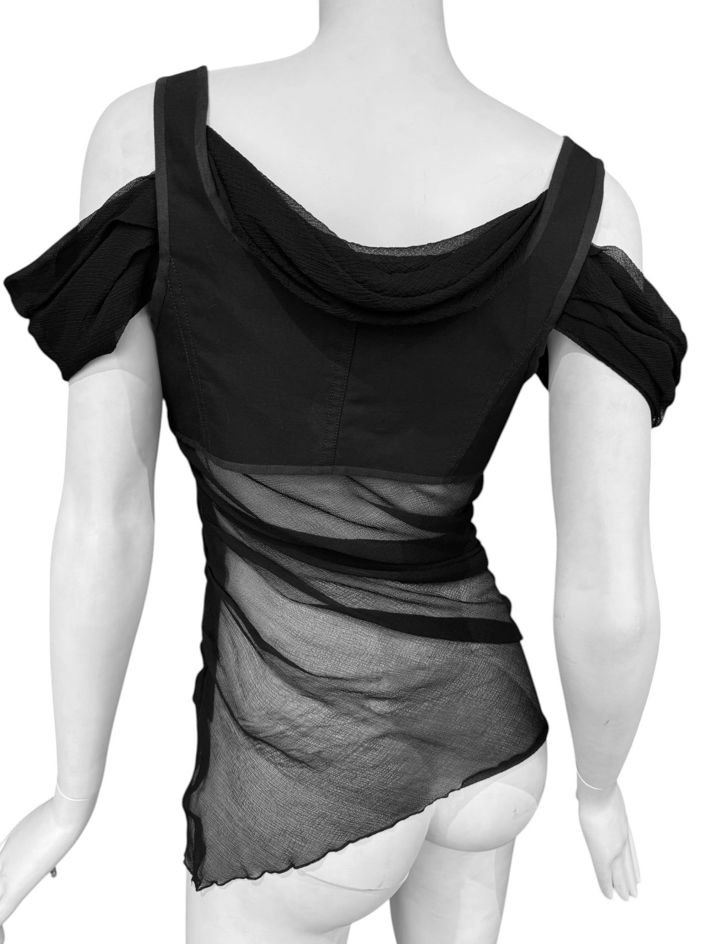 ALEXANDER MCQUEEN SS2005 «IT’S ONLY A GAME» BLACK SILK DRAPED CORSET TOP