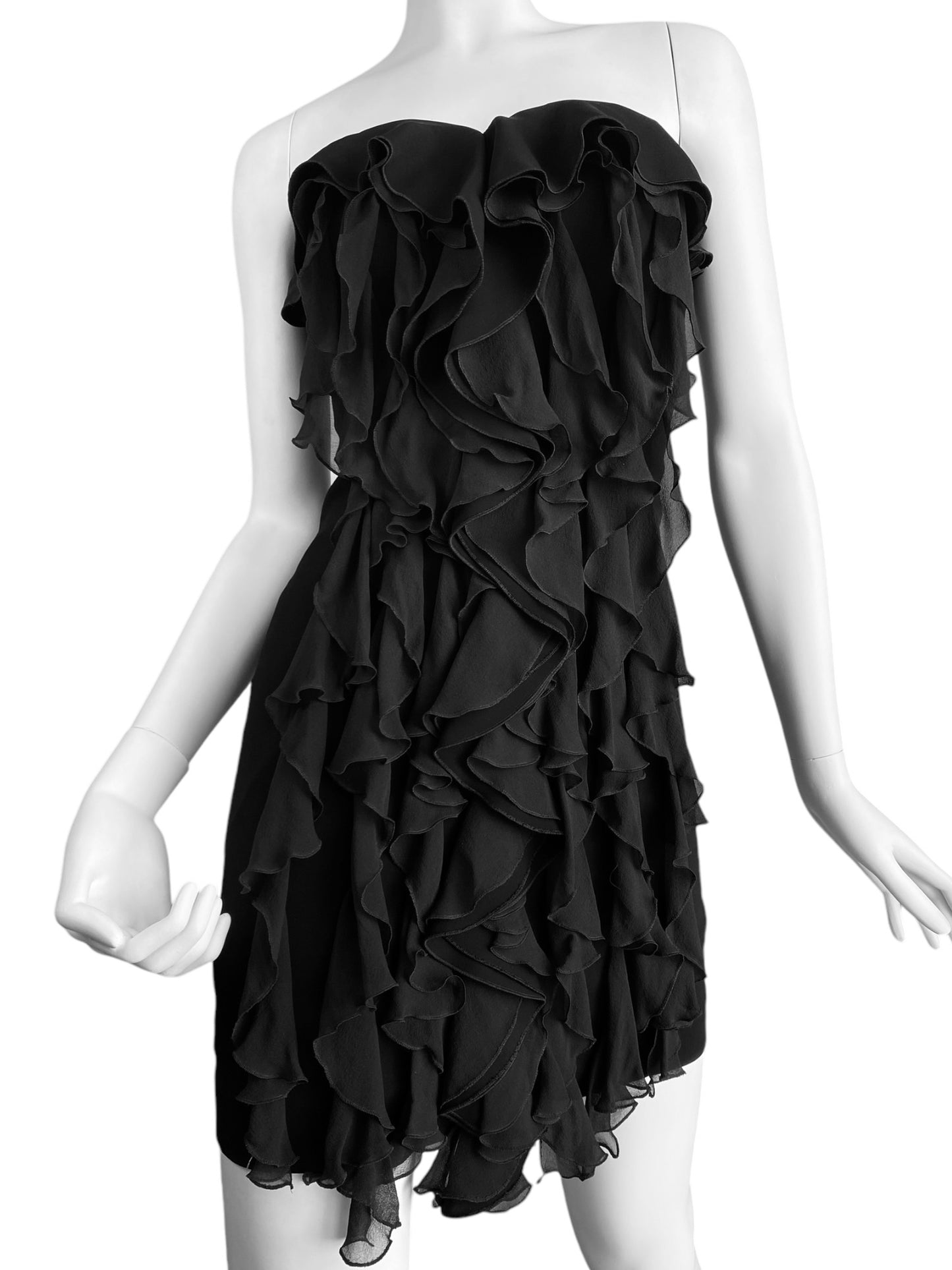 PLEIN SUD 2010s BLACK SILK RUFFLES BUSTIER MINI DRESS