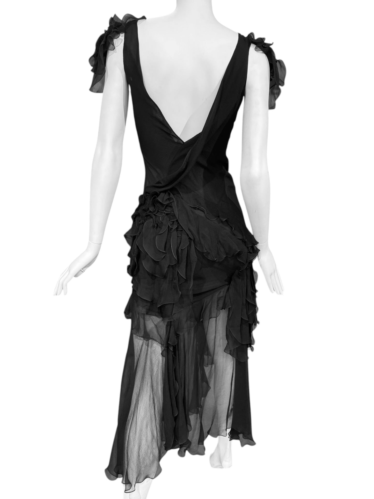 JOHN GALLIANO FW2004 BLACK SILK RUFFLES MAXI DRESS