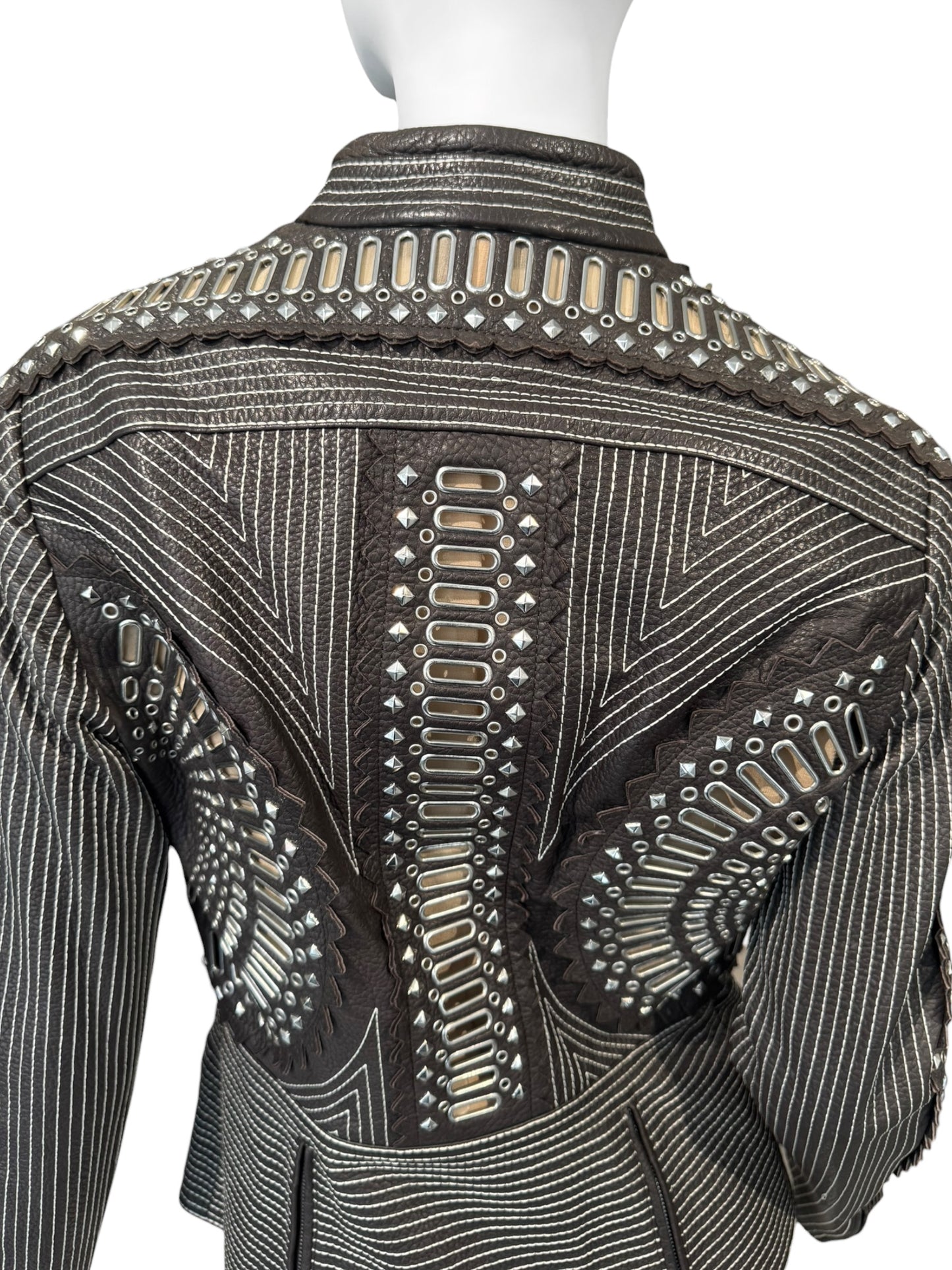 GIANFRANCO FERRE SS2004 DARK BROWN LEATHER GROMMET & STUD EMBELLISHED JACKET