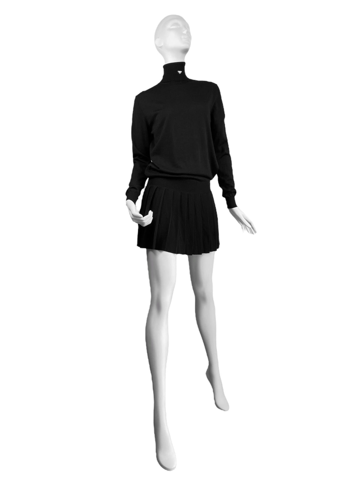 PRADA FW2022 BLACK WOOL PLEATED MINI DRESS