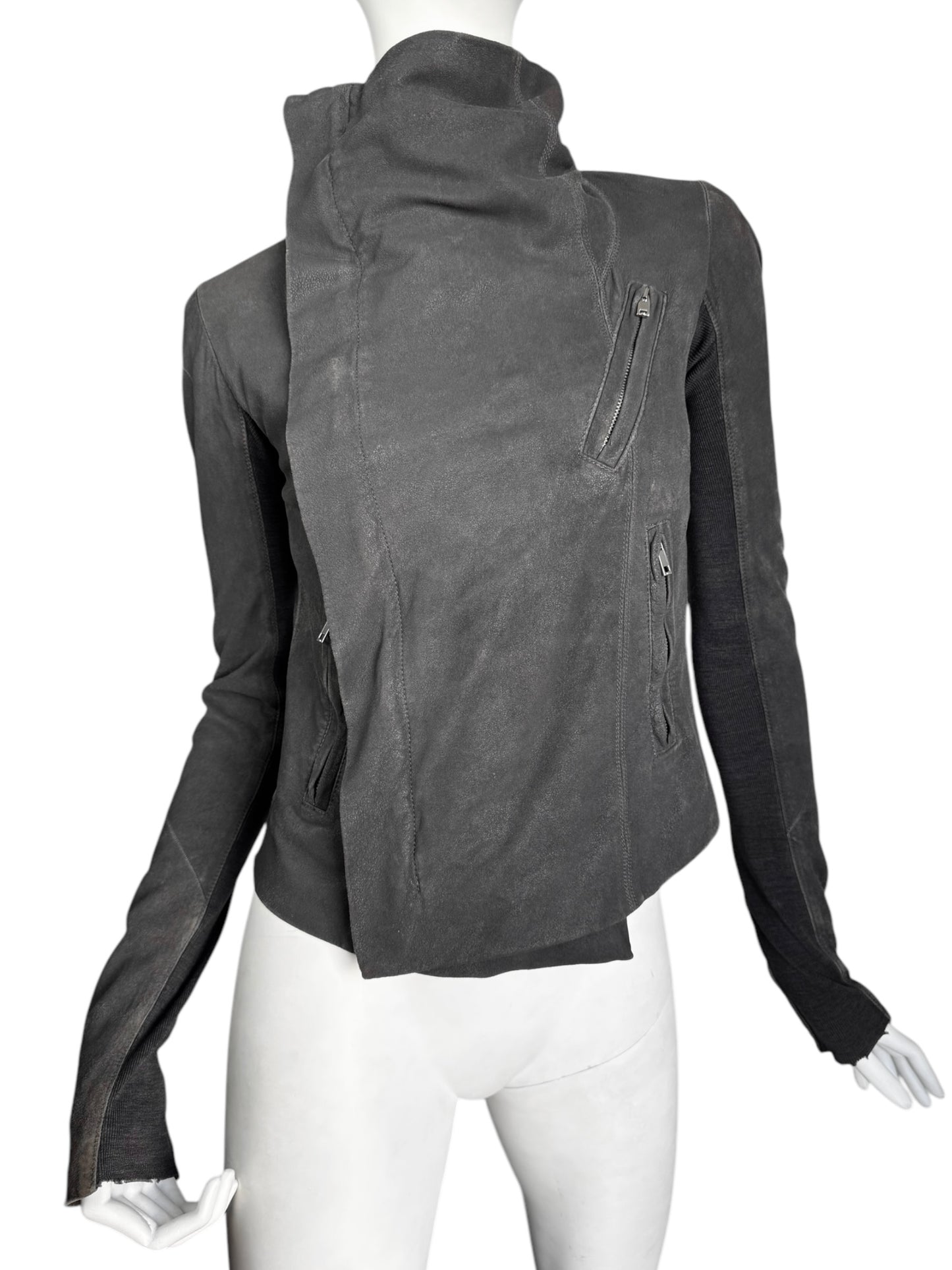 RICK OWENS 2000s GREY LEATHER HIGH COLLAR ZIP JACKET