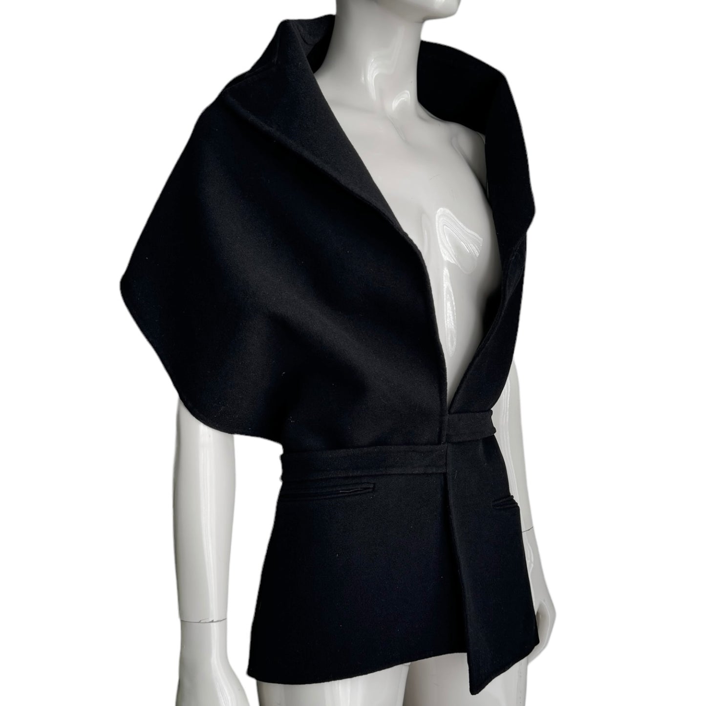 JEAN-PAUL GAULTIER 1990s BLACK WOOL BACKLESS WRAP BLAZER