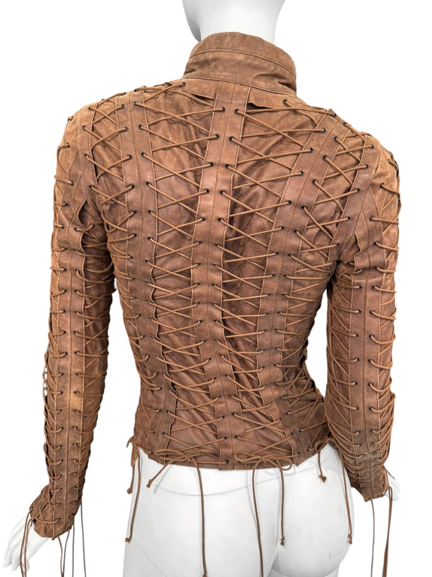 PLEIN SUD FW2002 BROWN LEATHER LACE-UP CAGE JACKET