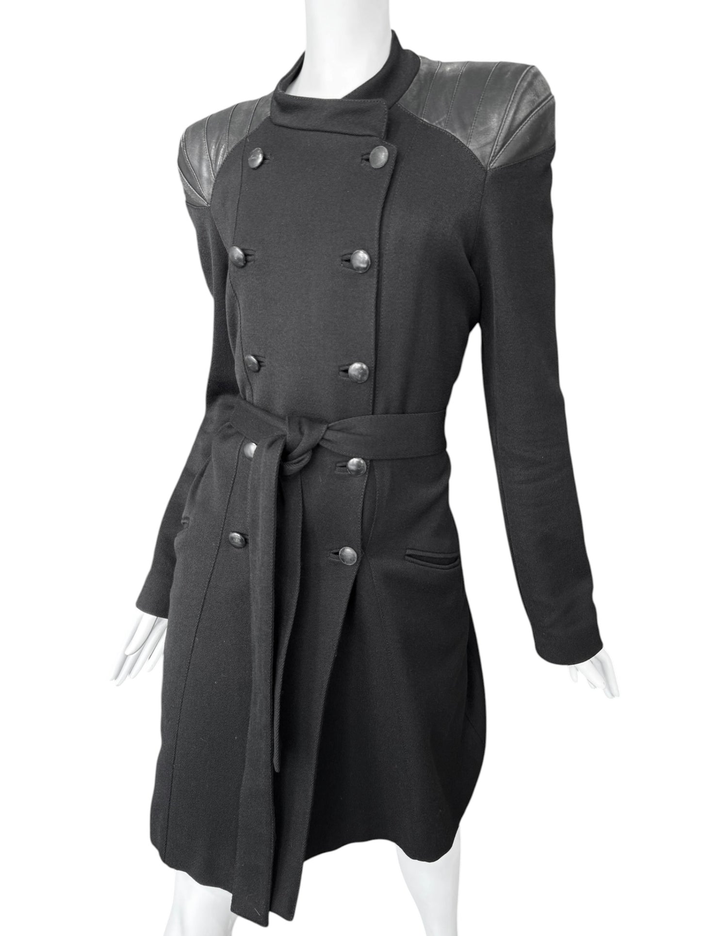 KAVIAR GAUCHE 2010s BLACK WOOK & LEATHER DOUBLE BREASTED COAT