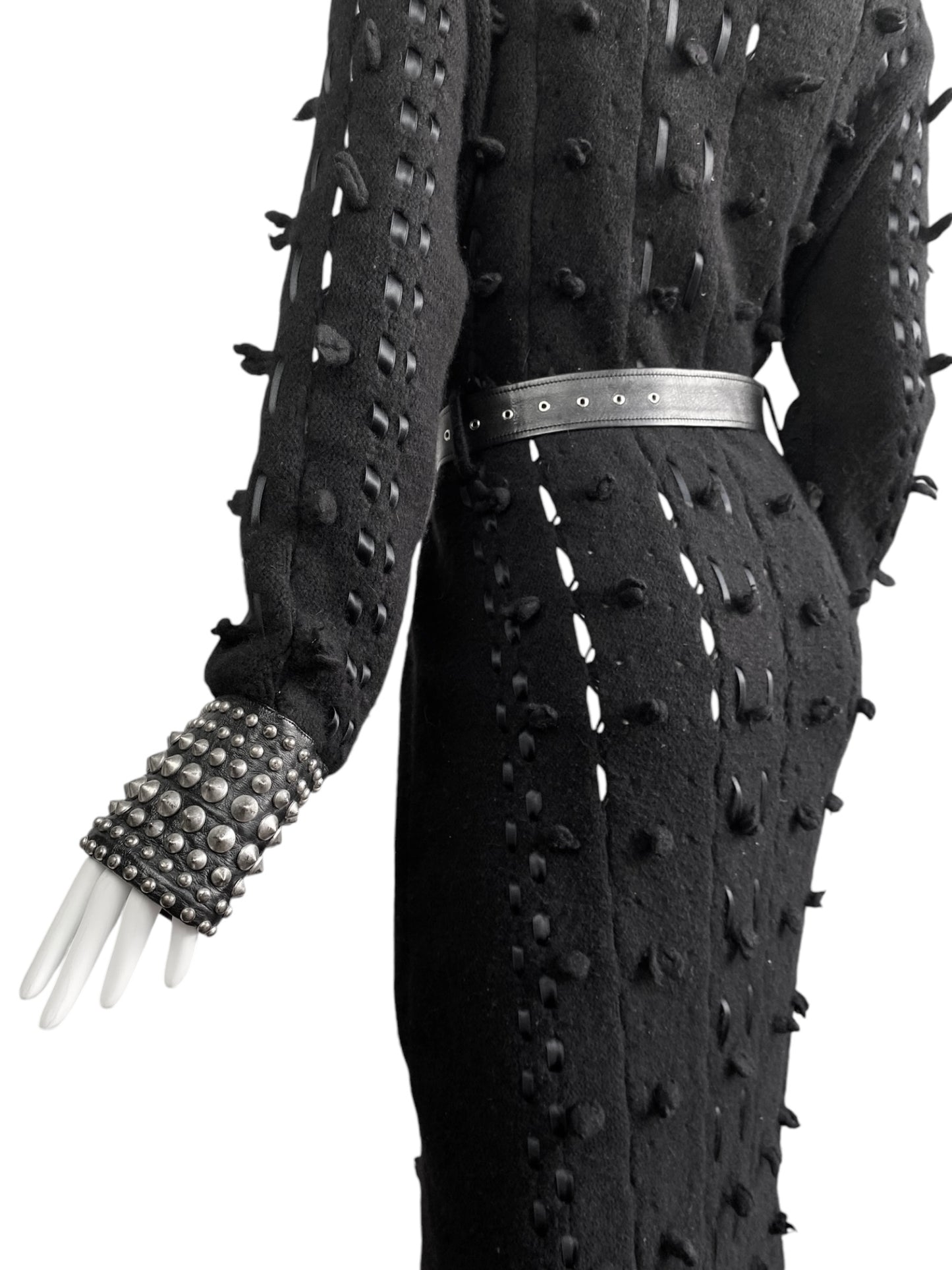 DIOR FW2004 BY GALLIANO BLACK WOOL LACED STUDDED MAXI COAT